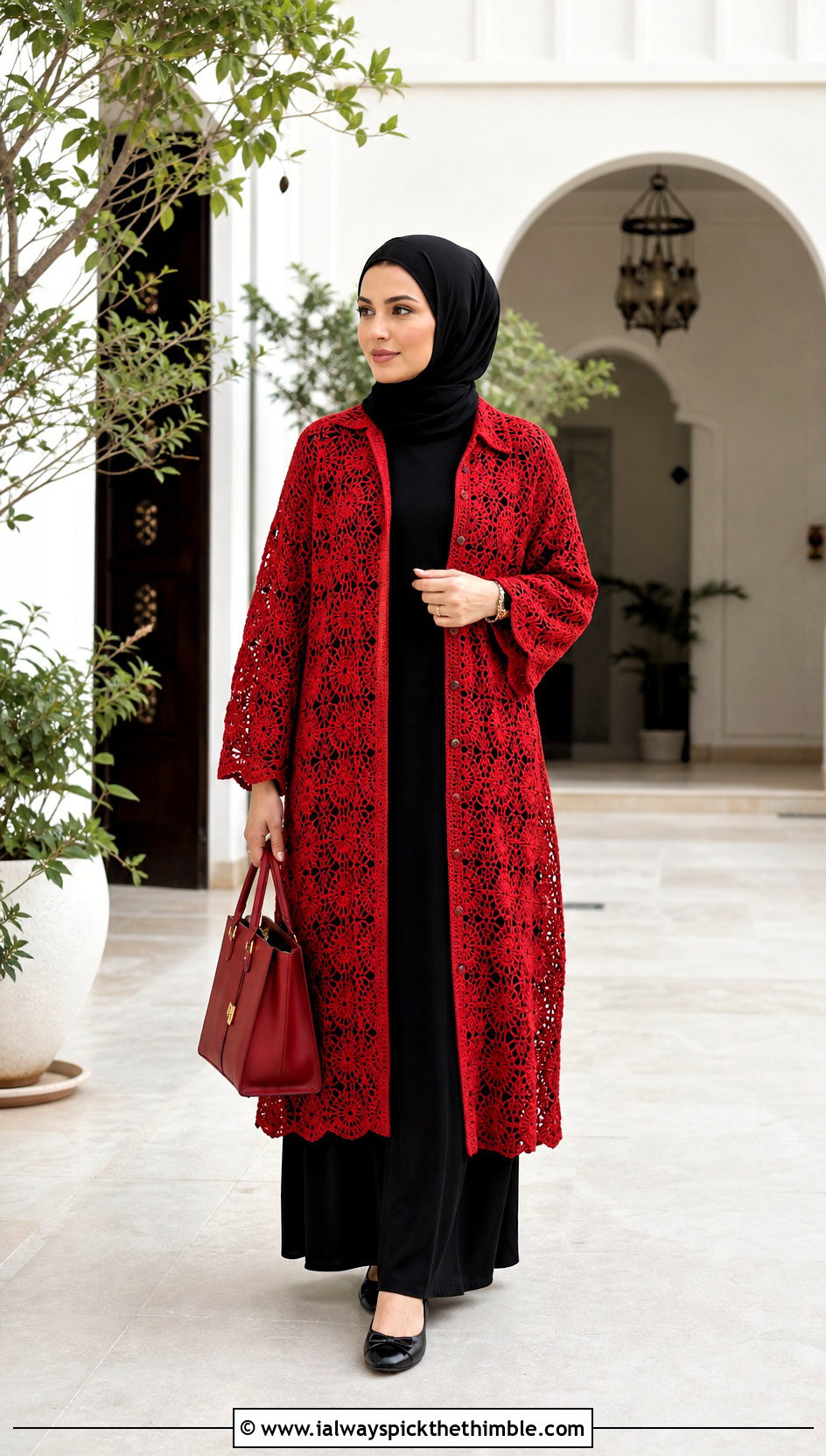 Crochet Openwork Overshirt With Monochrome Abaya - 20 crochet top hijabi outfit ideas