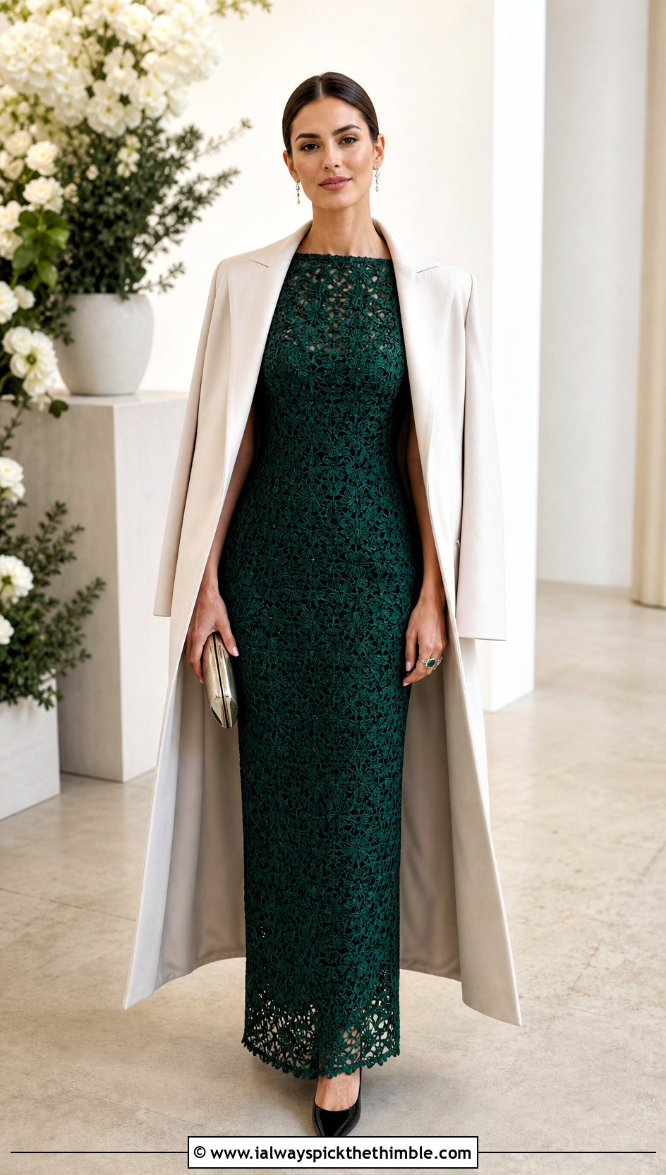 Crochet Overlay Column Dress With Long Coat And Pumps - 20 Crochet Overlay Dress outfit ideas