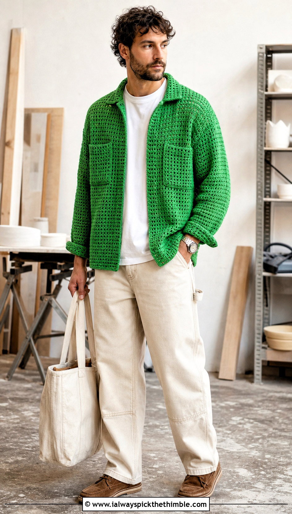 Crochet Overshirt With Carpenter Pants - 25 crochet mens clothes and outfit ideas