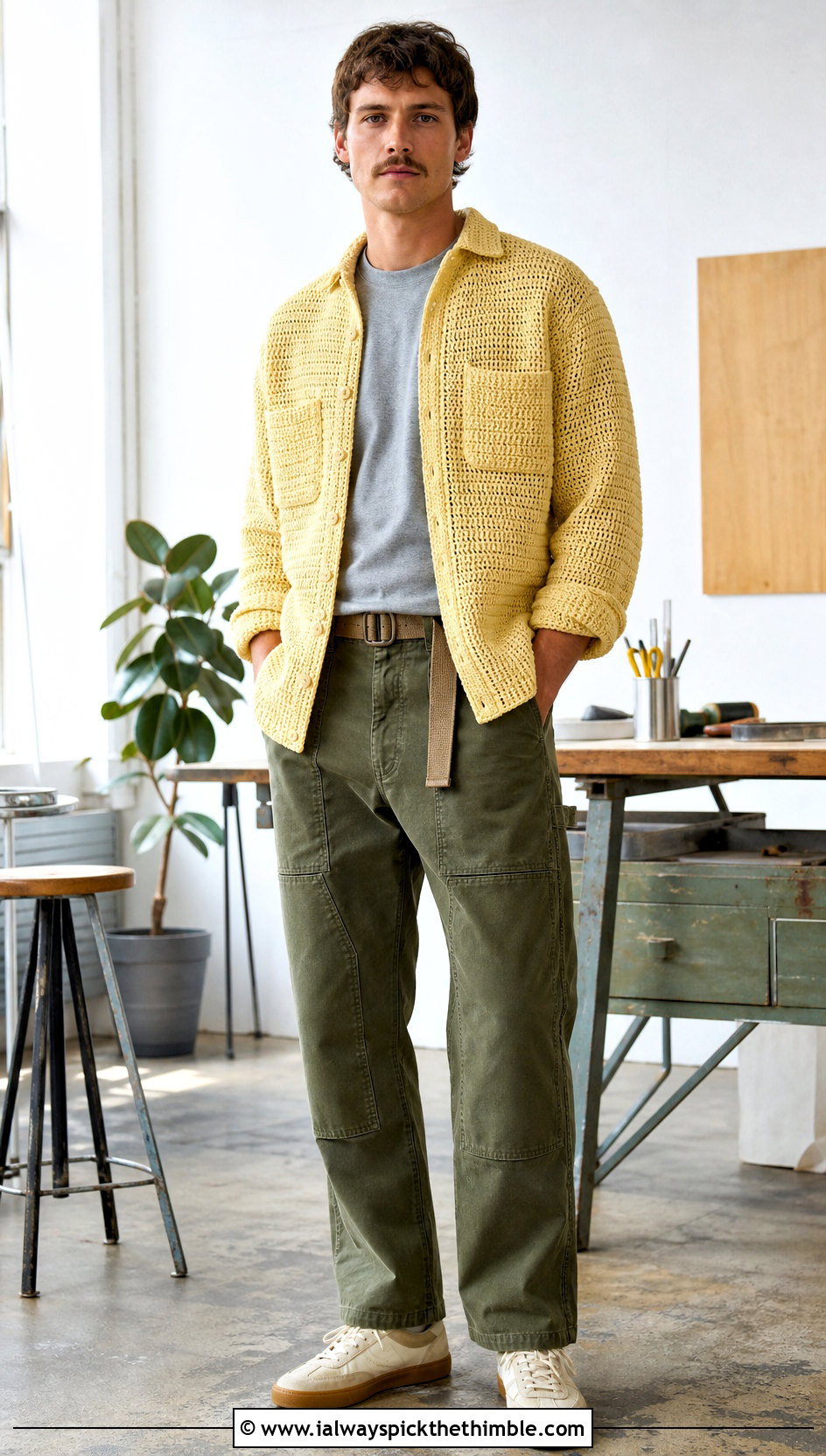 Crochet Overshirt With Carpenter Pants - 20 Crochet Men Clothing and outfit ideas