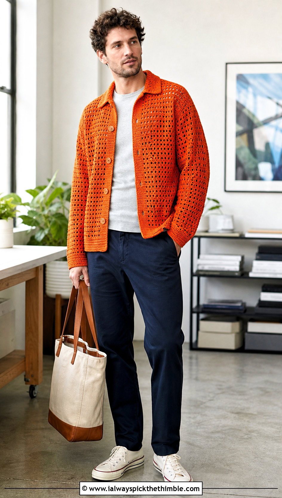 Crochet Overshirt With T Shirt And Chinos - 25 crochet top for men outfit ideas