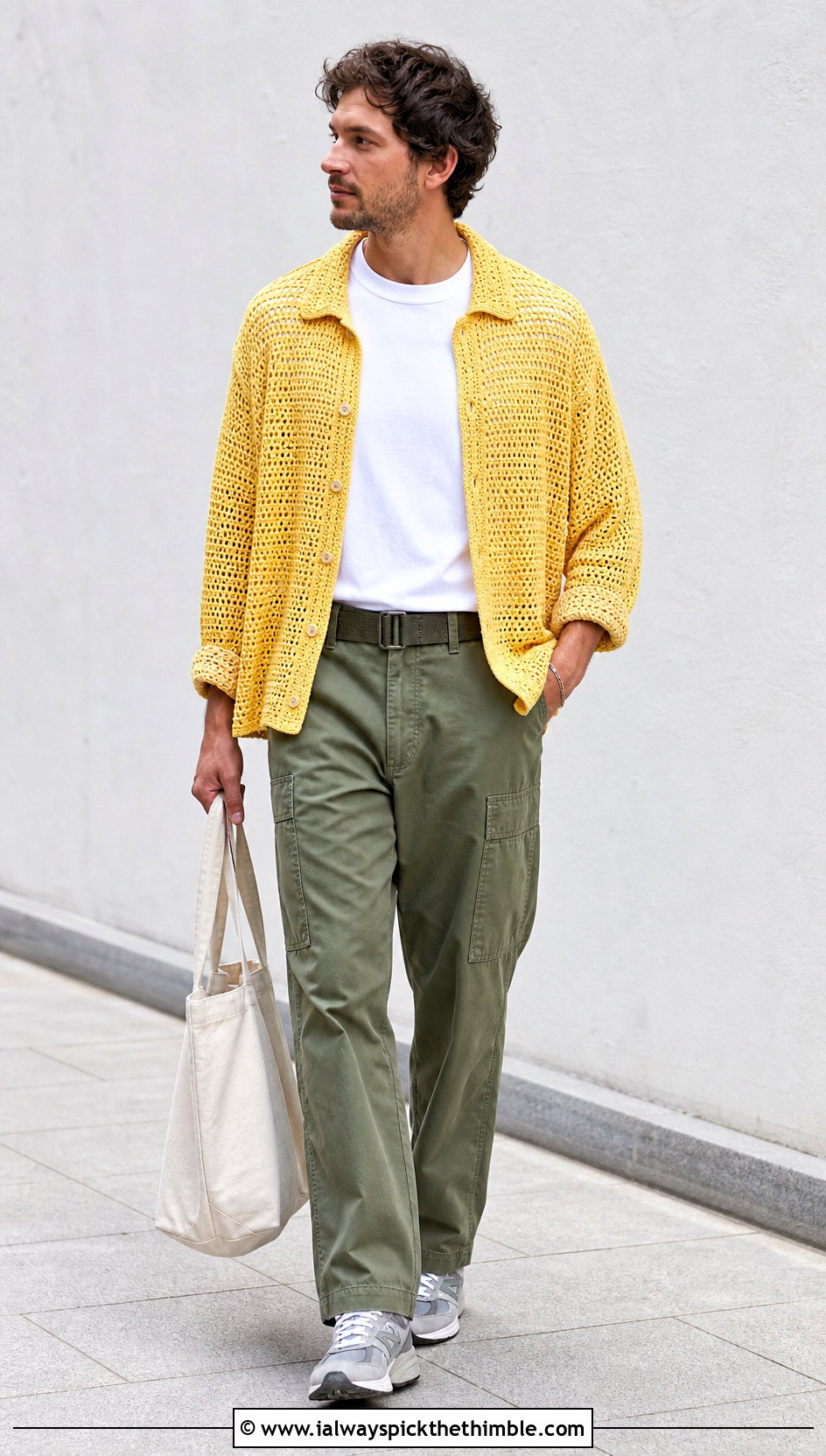Crochet Overshirt With T Shirt And Fatigue Pants - 25 crochet men shirt outfit ideas