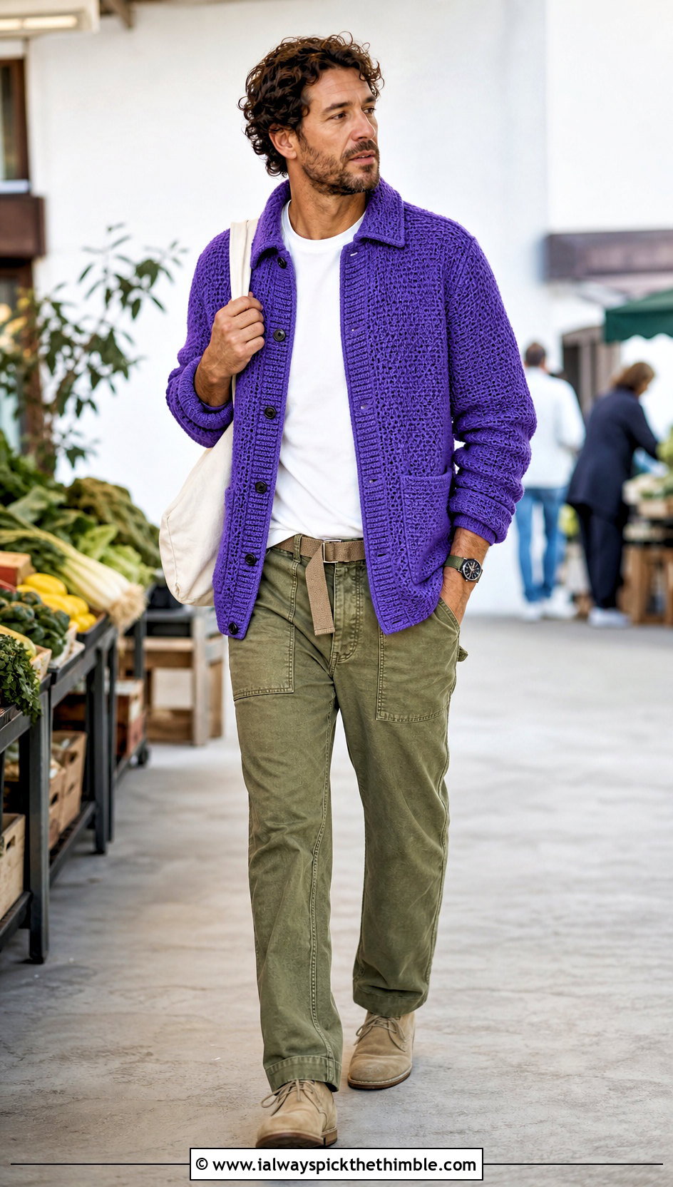 Crochet Overshirt With T Shirt And Fatigue Pants - 20 Mens Crochet Outfit ideas