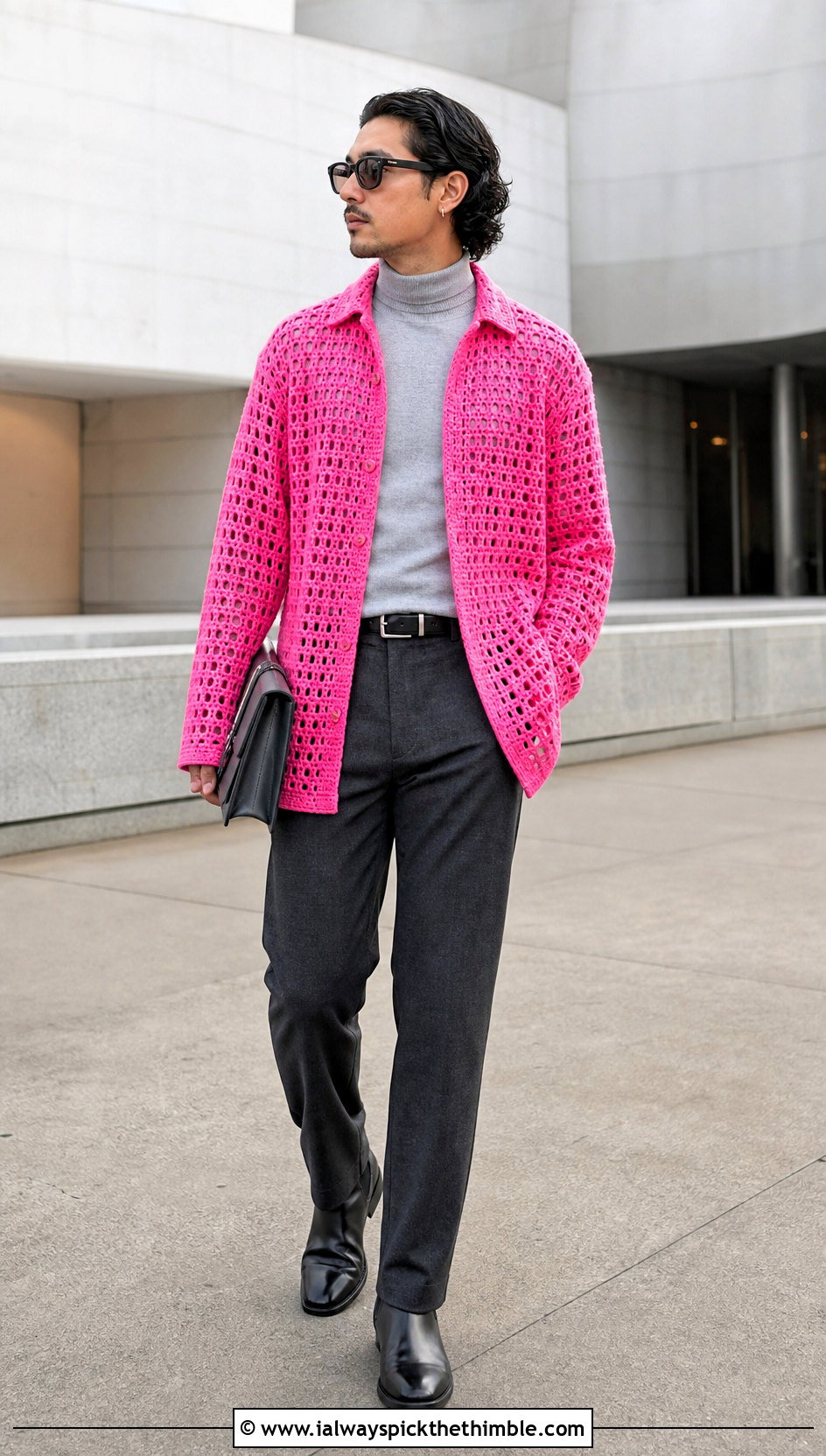 Crochet Overshirt With Turtleneck And Wool Pants - 25 crochet top men outfit ideas