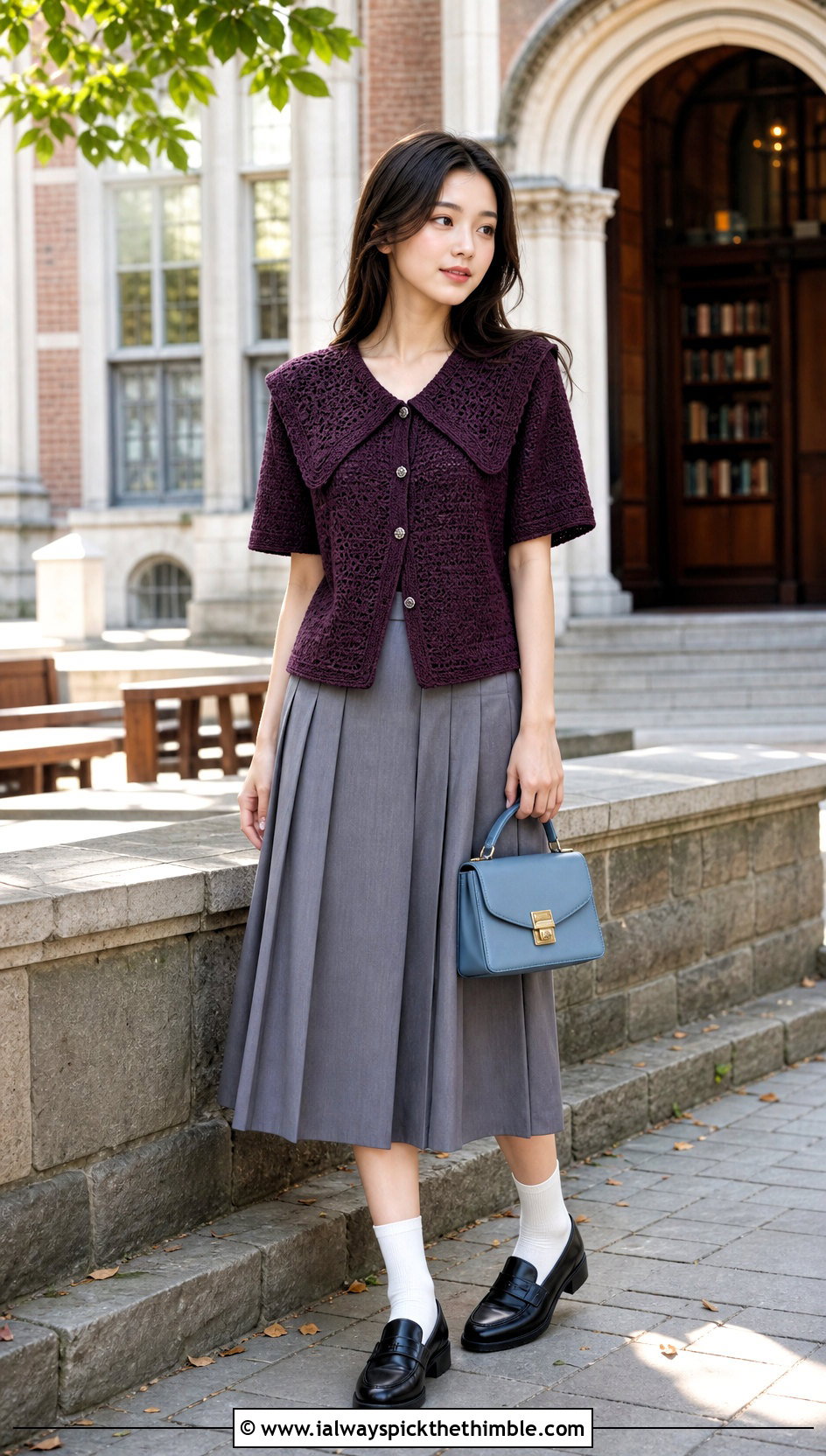 Crochet Oversized Collar Top With Pleated Skirt - 20 Crochet Top With Collar outfit ideas