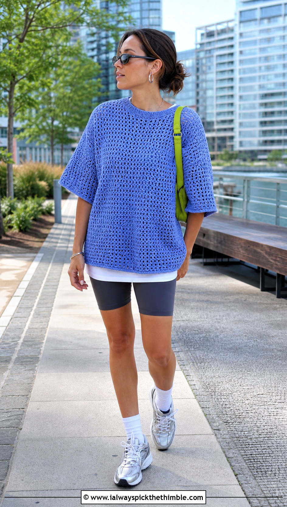Crochet Oversized Tee Top With Bike Shorts - 20 crochet top not cropped outfit ideas
