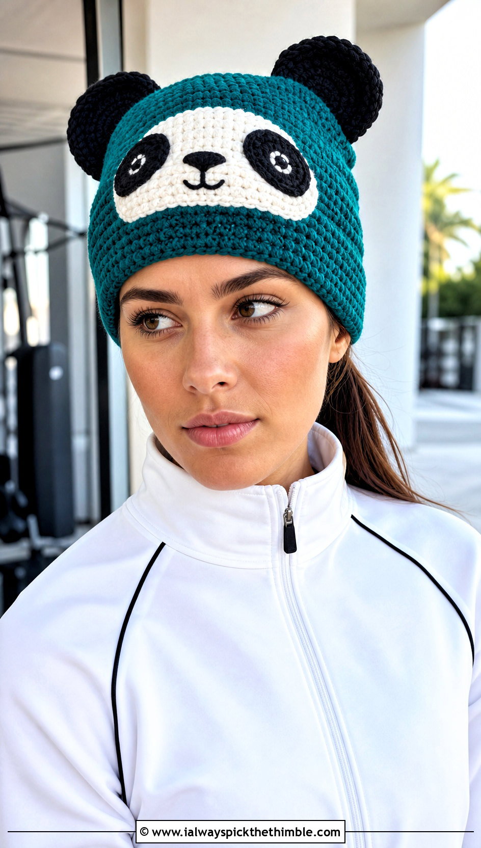 Crochet Panda Beanie With Sporty Athleisure - 25 crochet character hats outfit ideas
