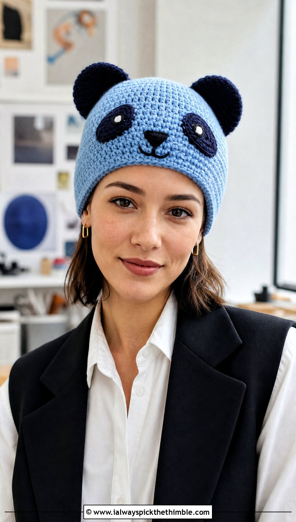 Crochet Panda Hat With Monochrome Workwear - 20 Crochet Character Hat outfit ideas