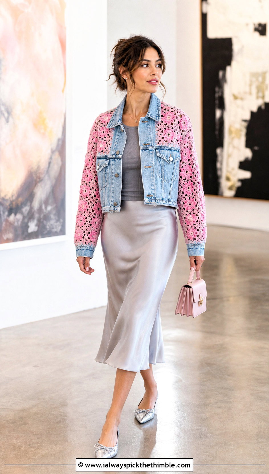 Crochet Panel Denim Jacket With Satin Midi Skirt - 25 easy crochet jacket outfit ideas
