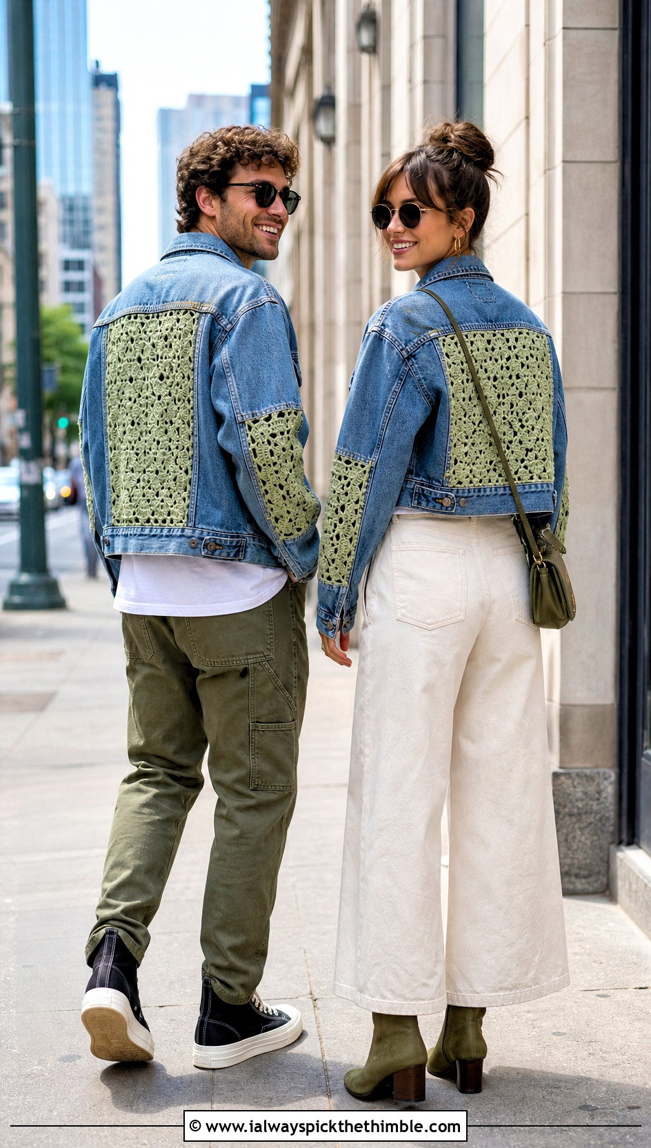 Crochet Panel Denim Jackets With Utility Pants - 20 couples crochet outfit ideas