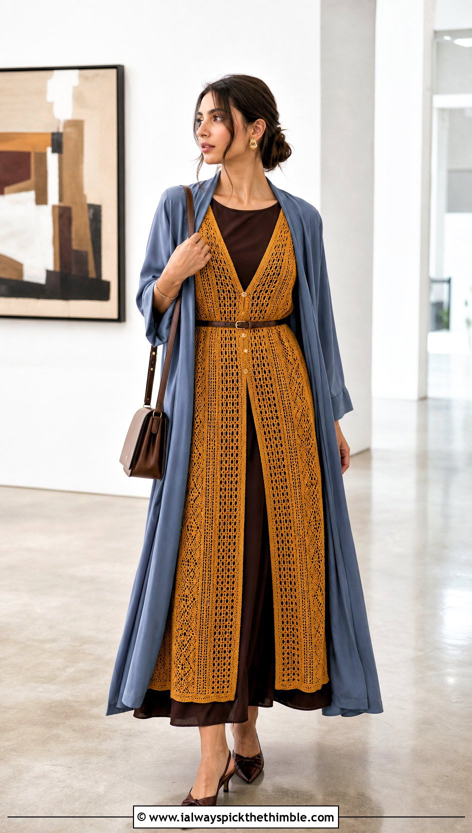 Crochet Panel Maxi Dress With Long Duster - 20 modest crochet dress outfit ideas