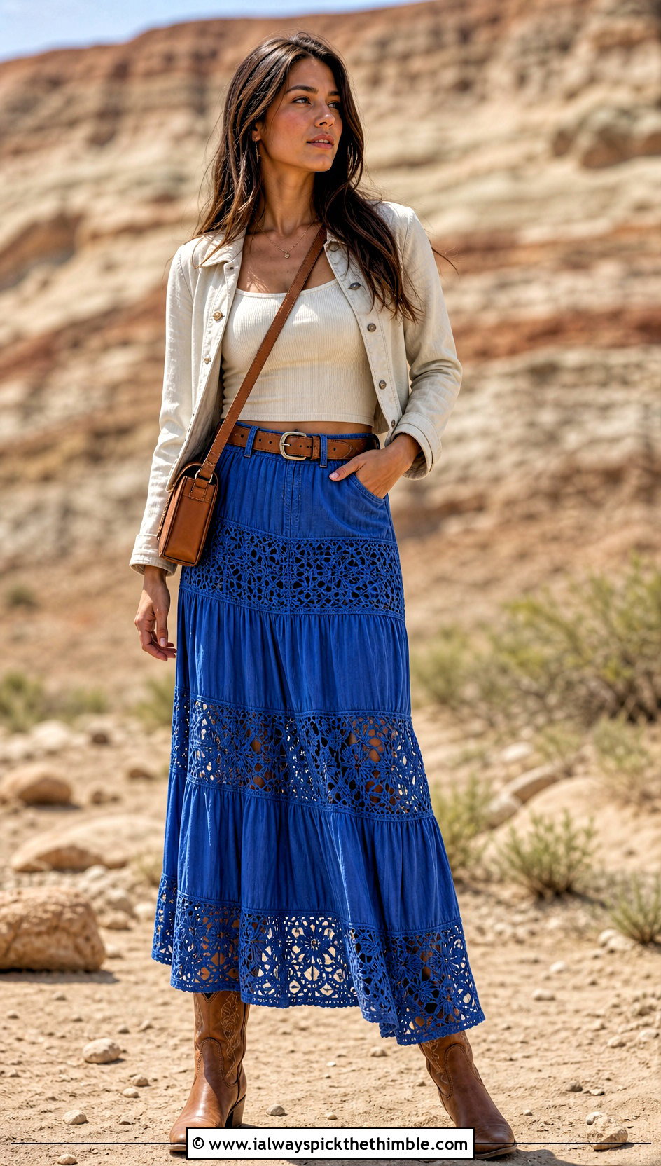 Crochet Panel Maxi Skirt With Cowboy Boots - 20 Boho Crochet Skirt outfit ideas