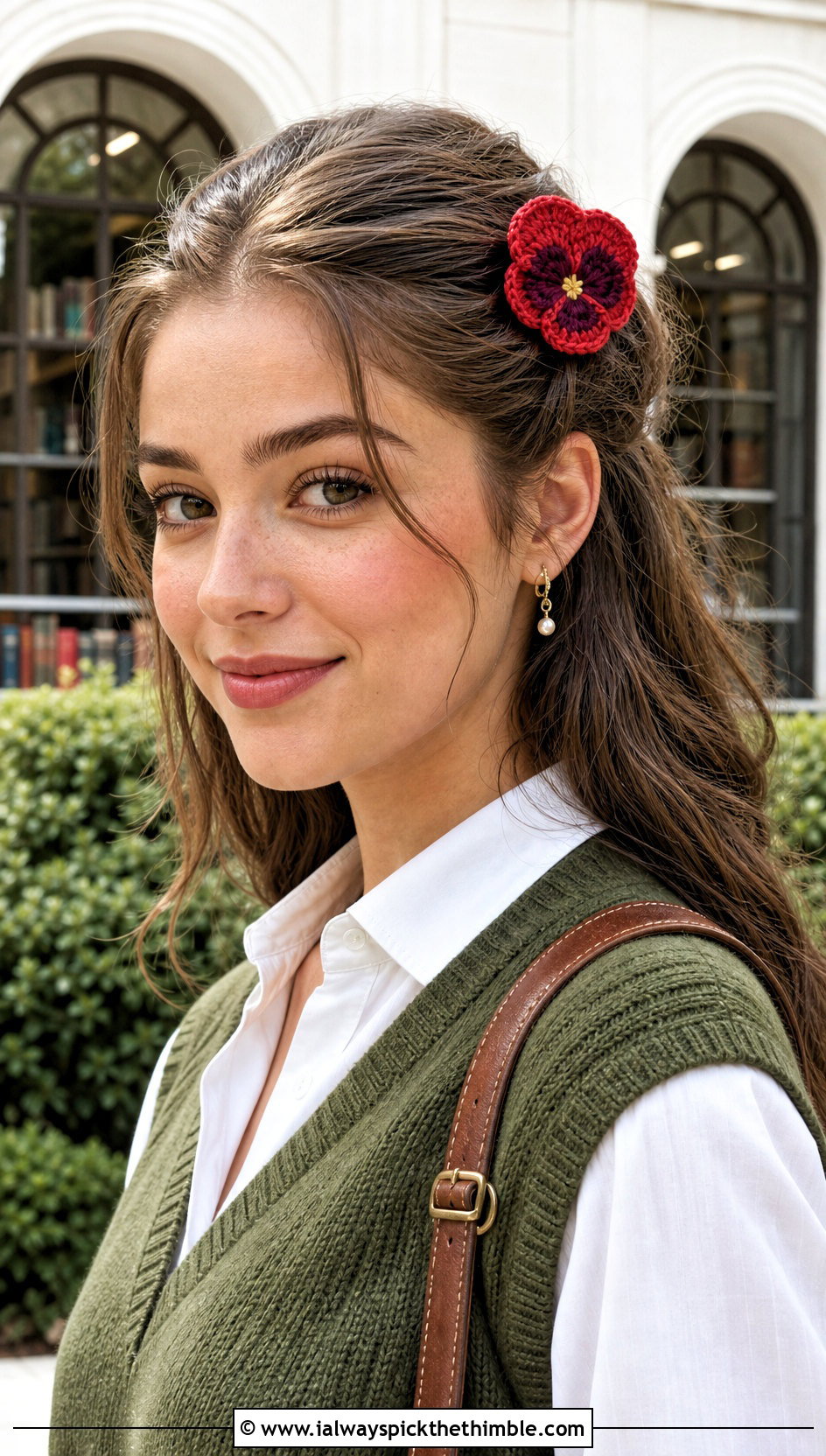 Crochet Pansy Side Clip With Sweater Vest Outfit - 15 crochet flower headband and clip outfit ideas