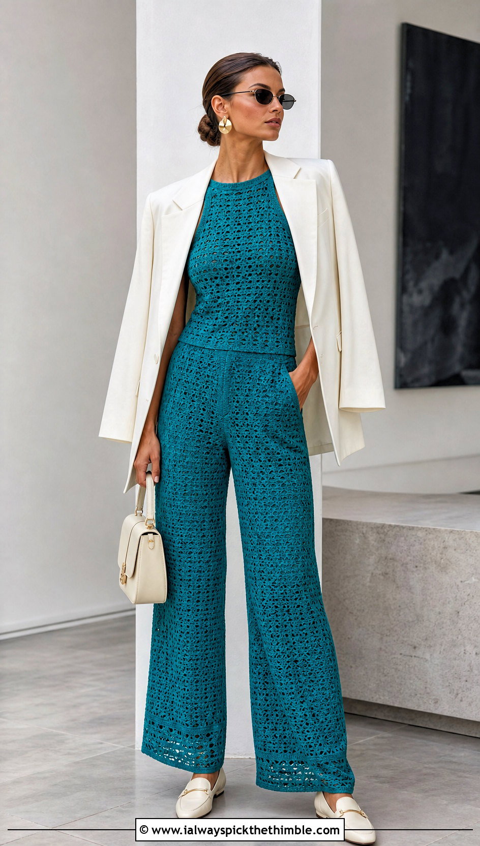 Crochet Pants Set With Tailored Blazer - 25 spring summer crochet clothes ideas