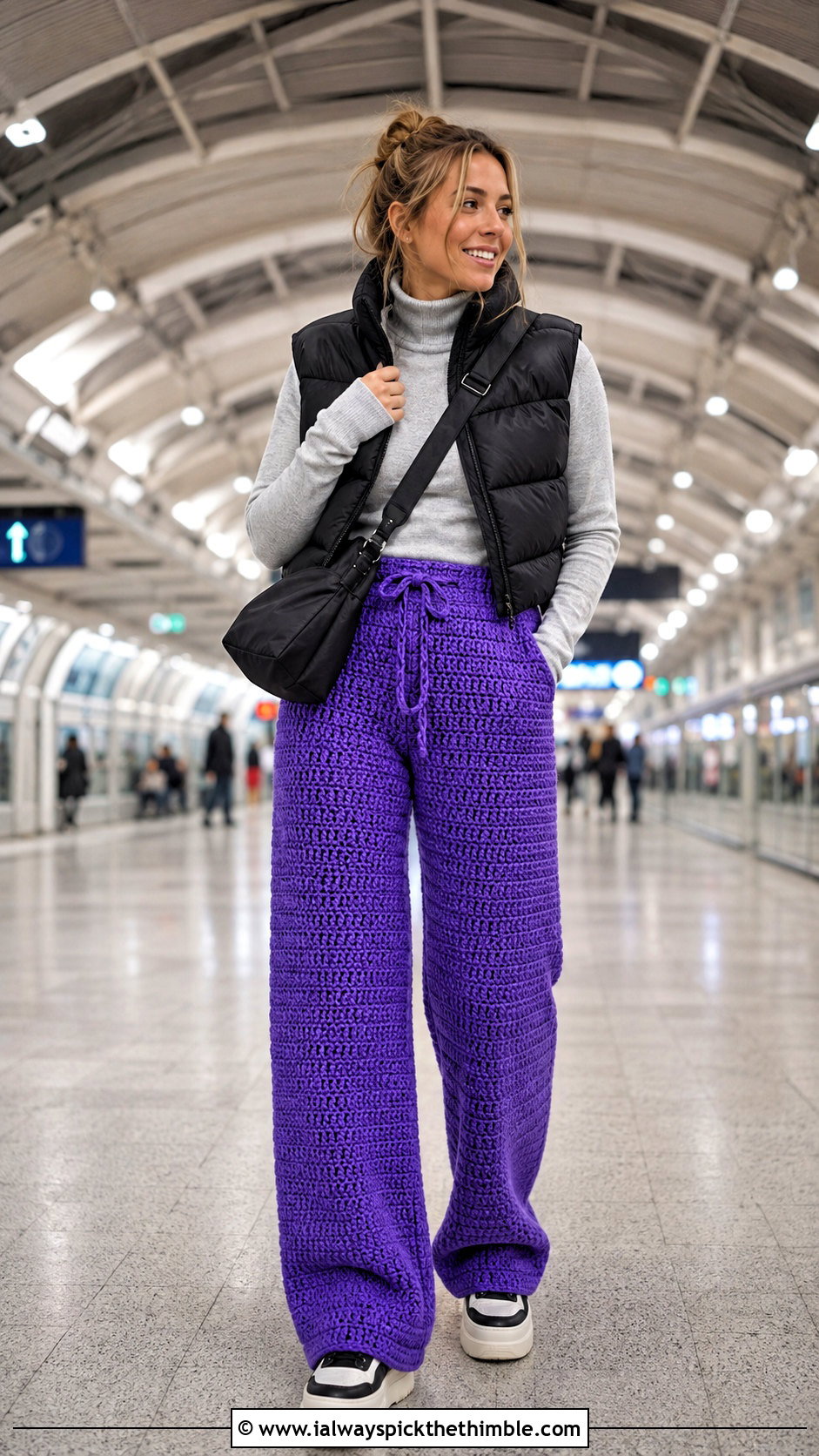 Crochet Pants With Fitted Turtleneck And Puffer Vest - 25 Crochet Winter Outfits ideas