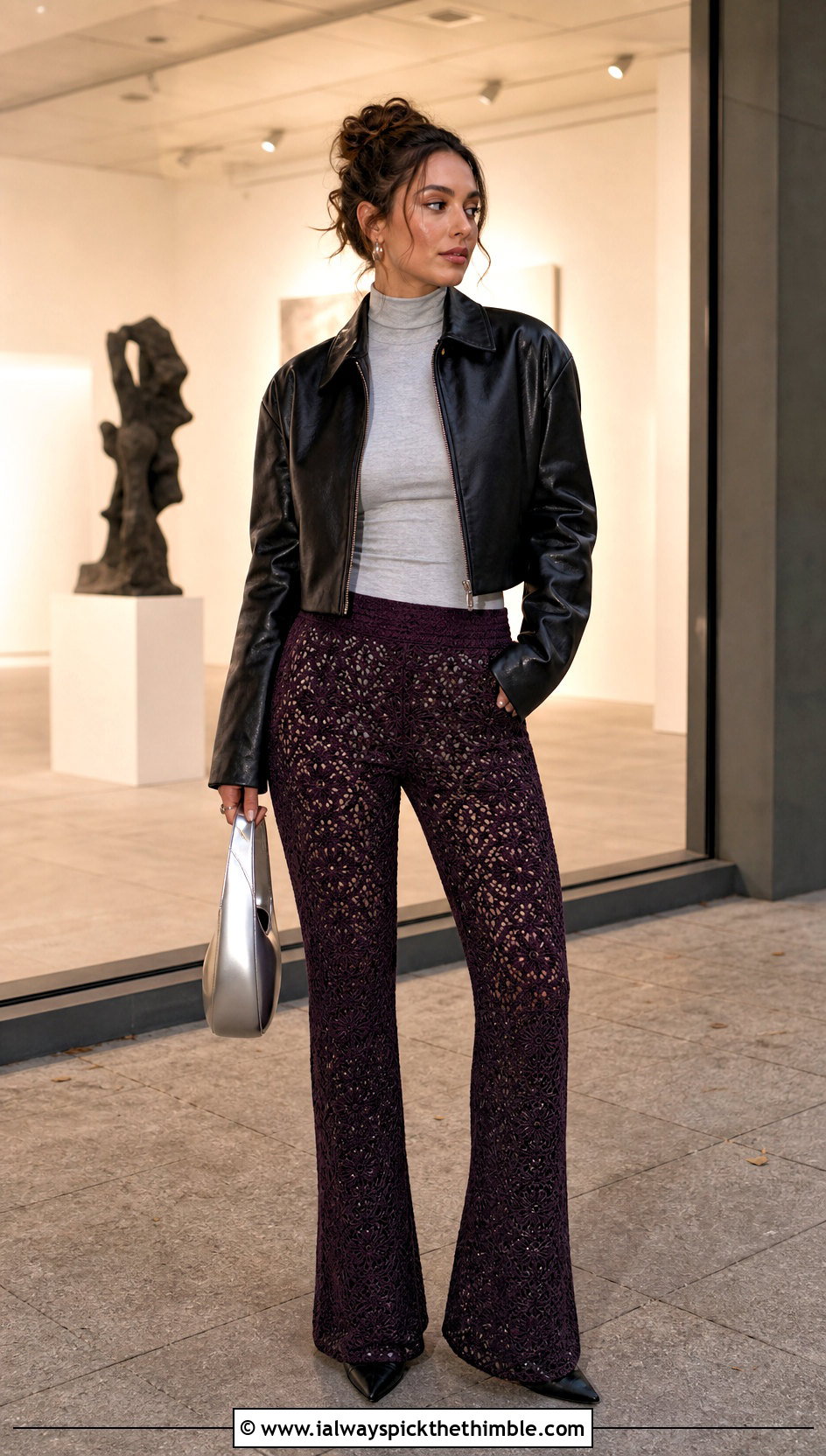 Crochet Pants With Mock Neck Top And Leather Jacket - 25 autumn crochet clothes and outfit ideas