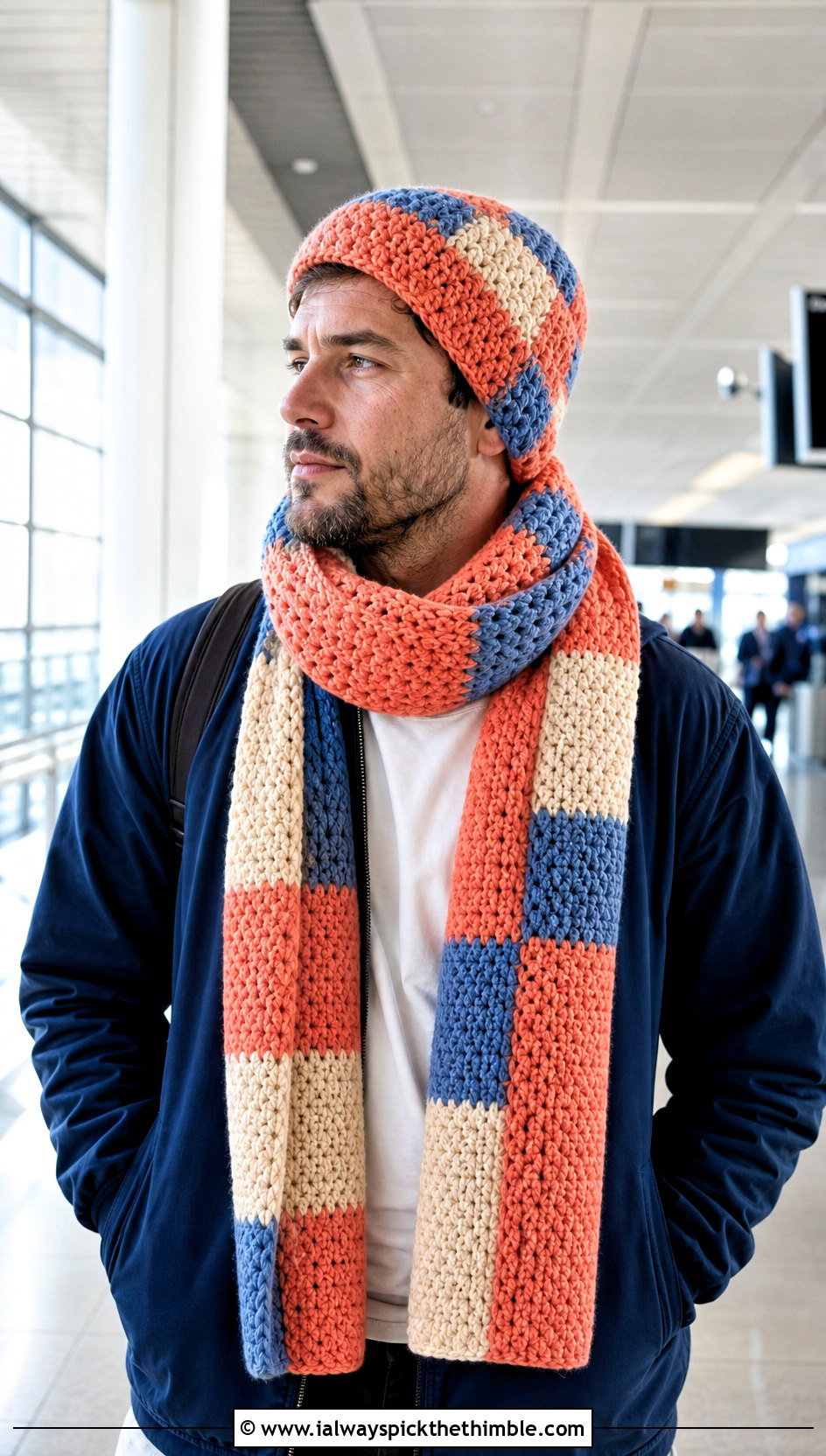 Crochet Patchwork Beanie And Oversized Scarf With Travel Outfit - 20 Crochet Mens Hat And Scarf outfit ideas