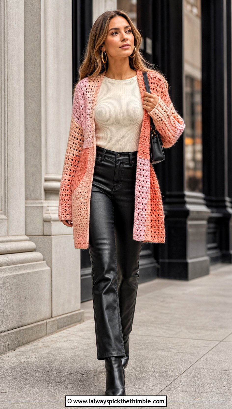 Crochet Patchwork Blanket Sweater With Leather Pants - 20 crochet sweater blanket outfit ideas