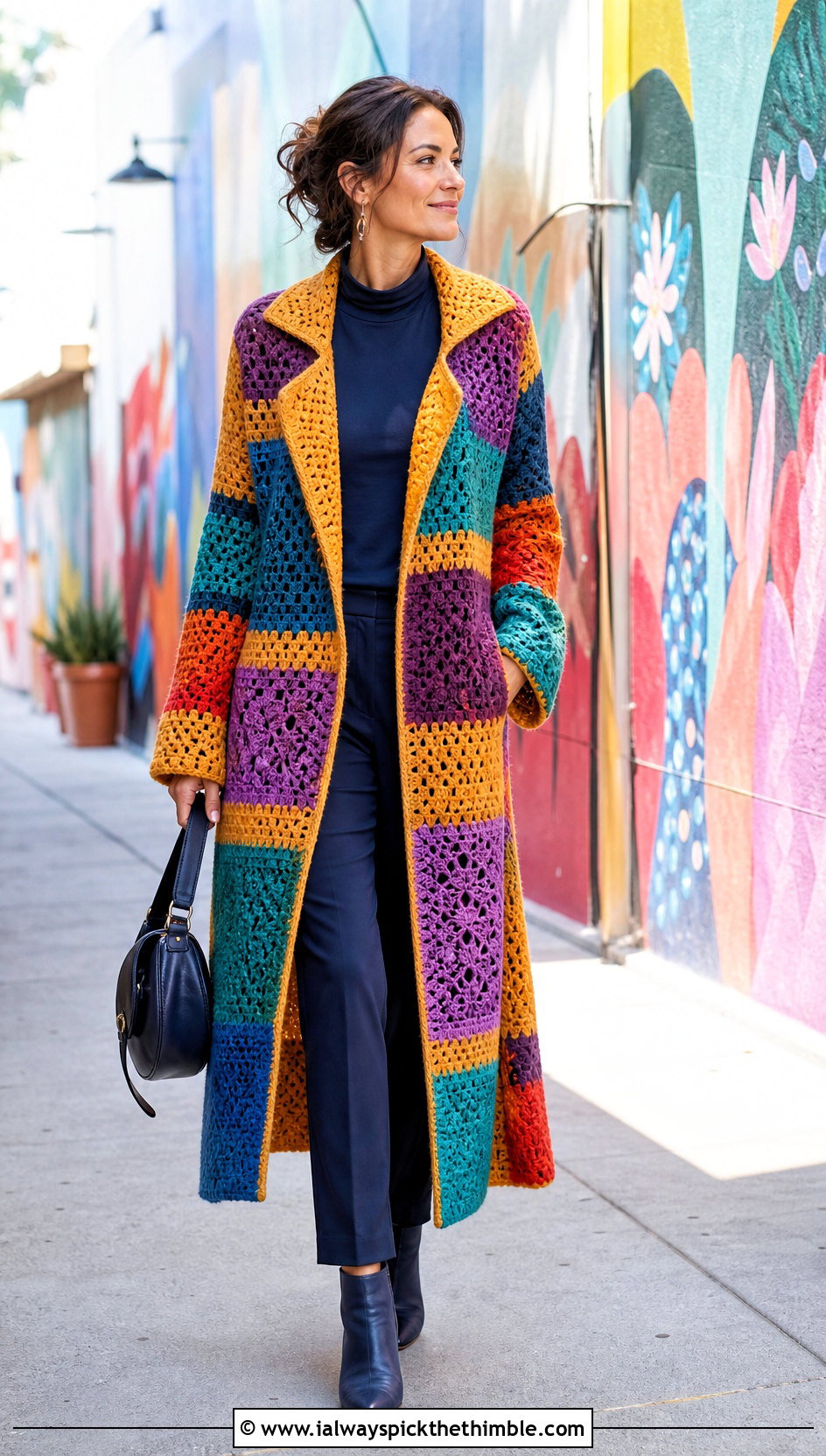 Crochet Patchwork Coat With Monochrome Basics - 25 crochet coats outfit ideas