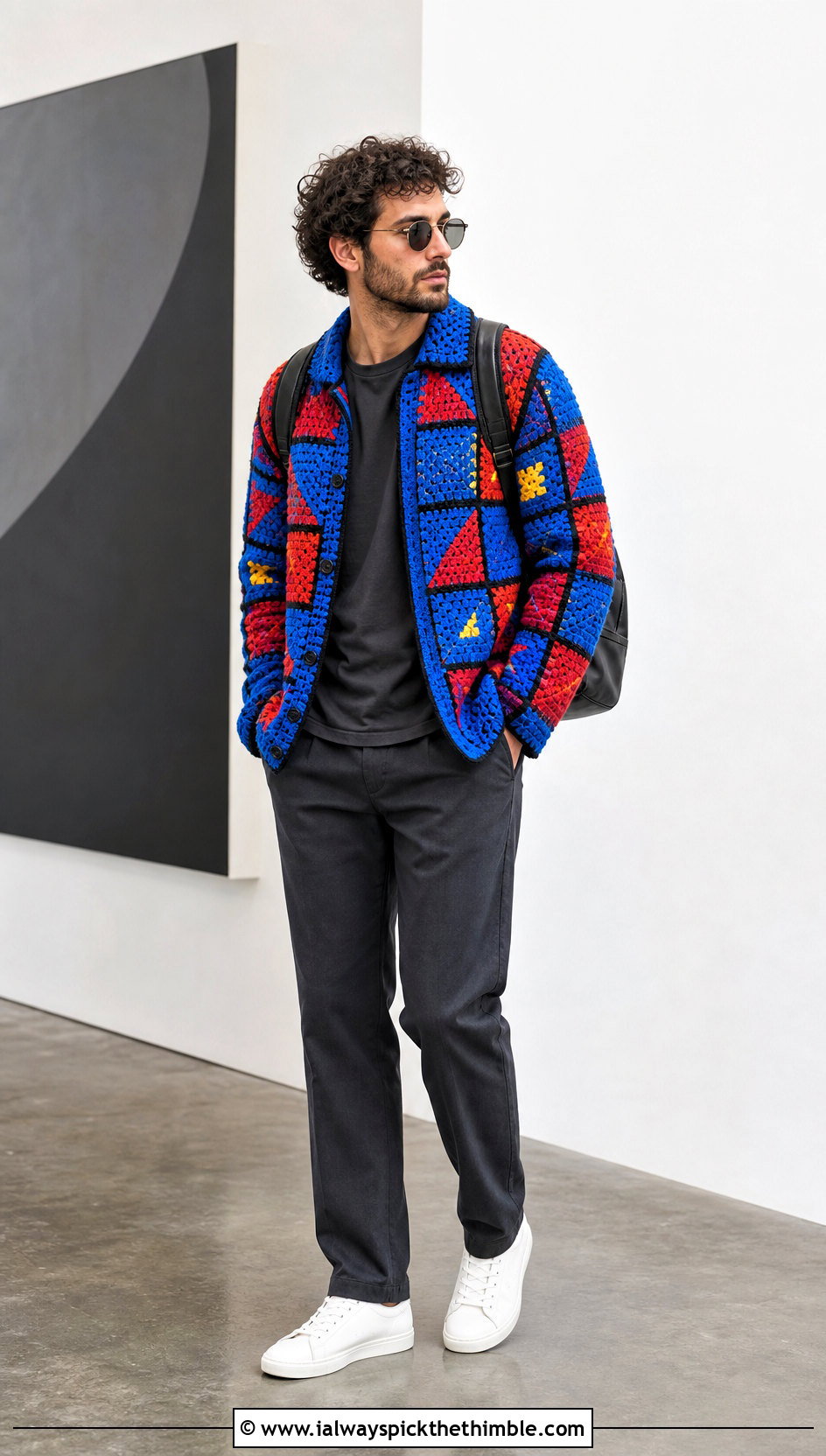 Crochet Patchwork Jacket With Monochrome Basics - 25 crochet clothes for men outfit ideas