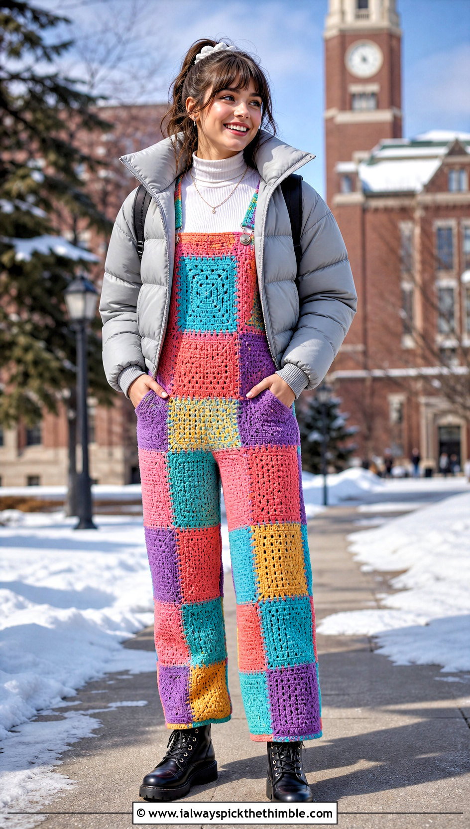 Crochet Patchwork Overalls With Thermal Top - 20 Winter Crochet Clothes and outfit ideas