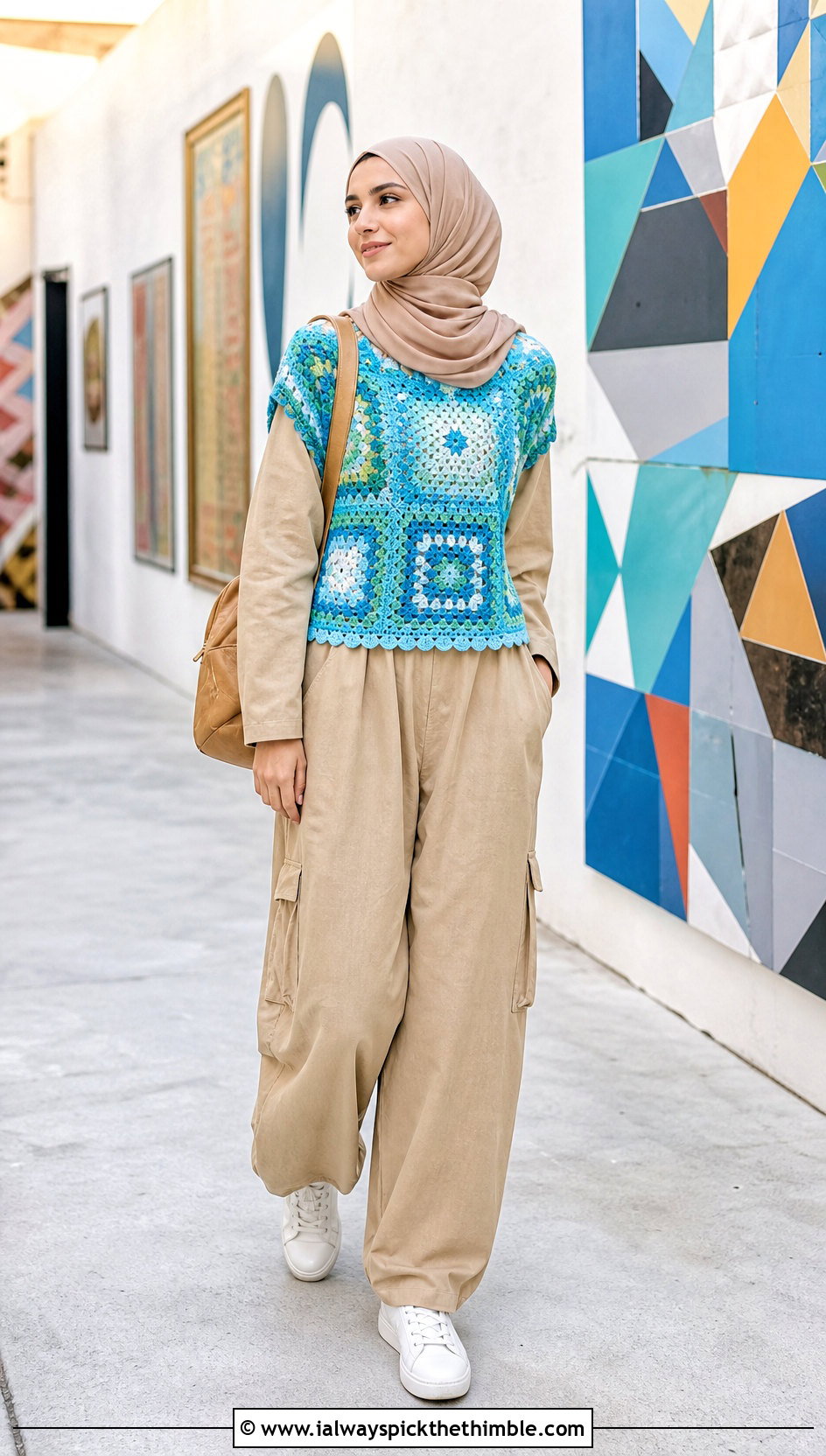 Crochet Patchwork Top With Utility Jumpsuit - 20 crochet top hijabi outfit ideas