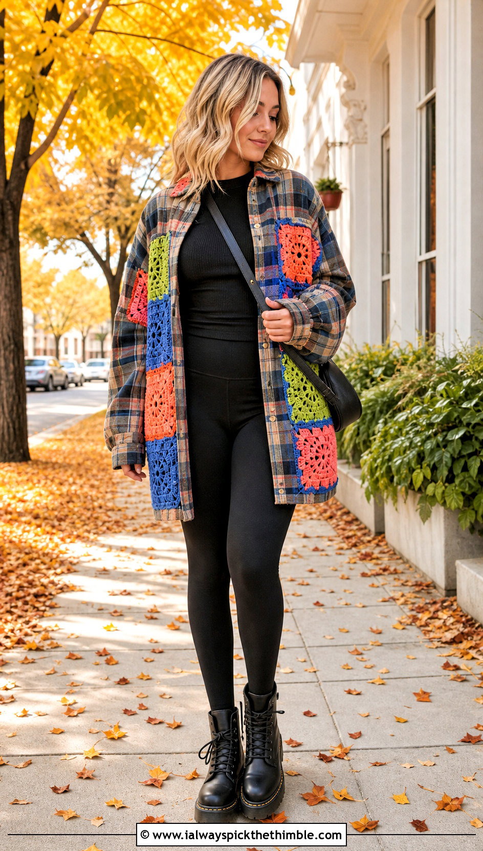 Crochet Patchwork Upcycled Flannel Shirt With Leggings - 20 Upcycle Shirt With Crochet outfit ideas