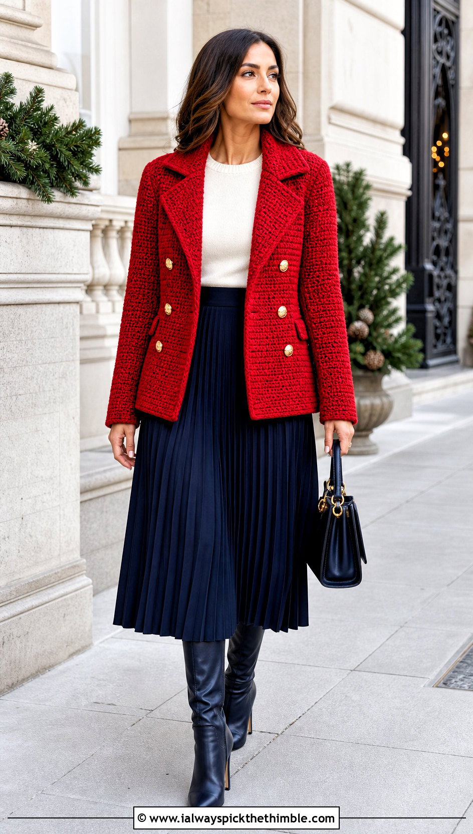 Crochet Peacoat Jacket With Pleated Midi Skirt - 20 crochet winter jacket outfit ideas