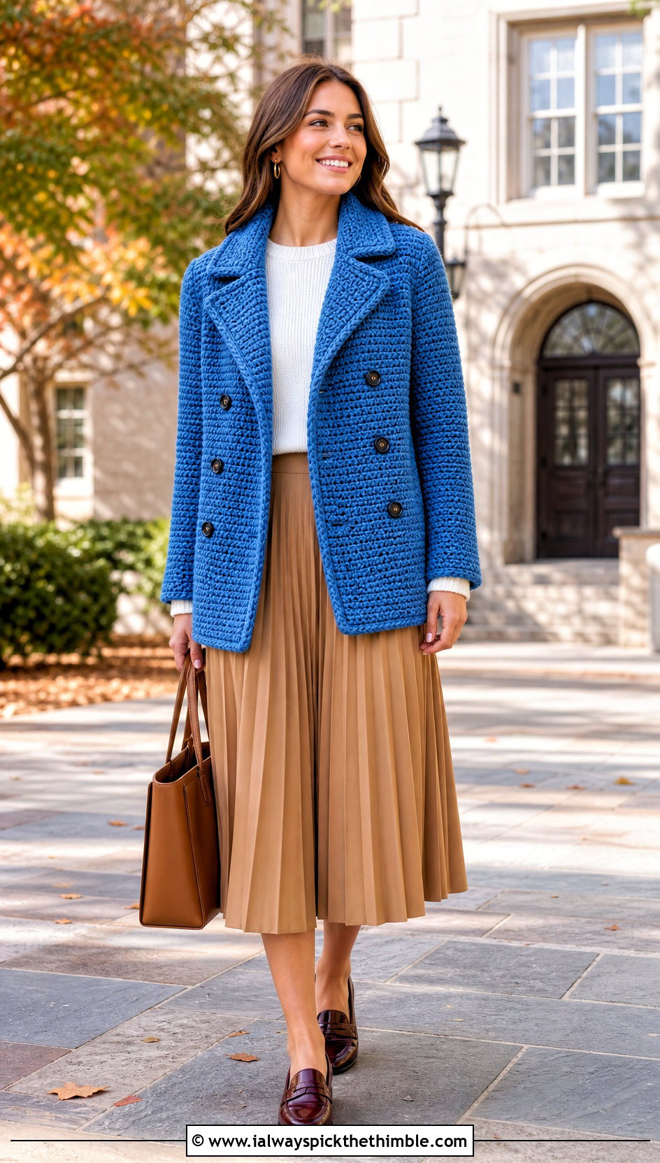 Crochet Peacoat With Pleated Midi Skirt - 25 crochet coat outfit ideas