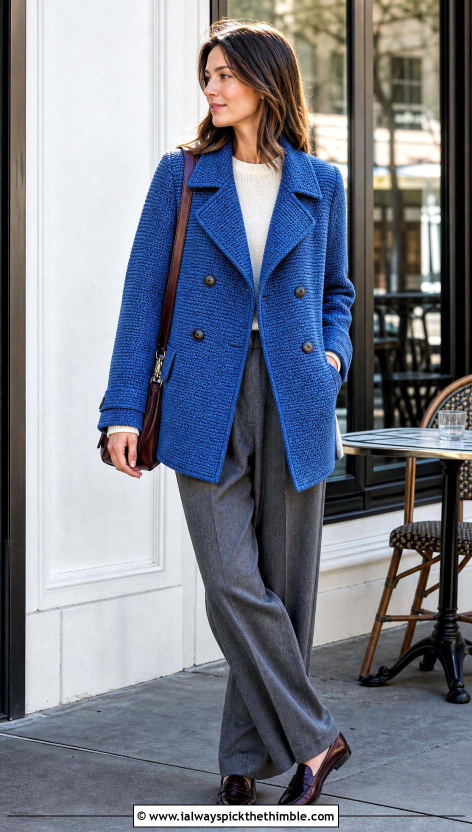 Crochet Peacoat With Pleated Trousers - 20 Crochet Coat For Women outfit ideas