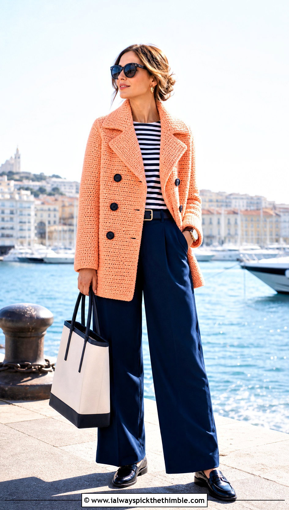 Crochet Peacoat With Striped Top And Wide Leg Pants - 20 crochet coat ideas