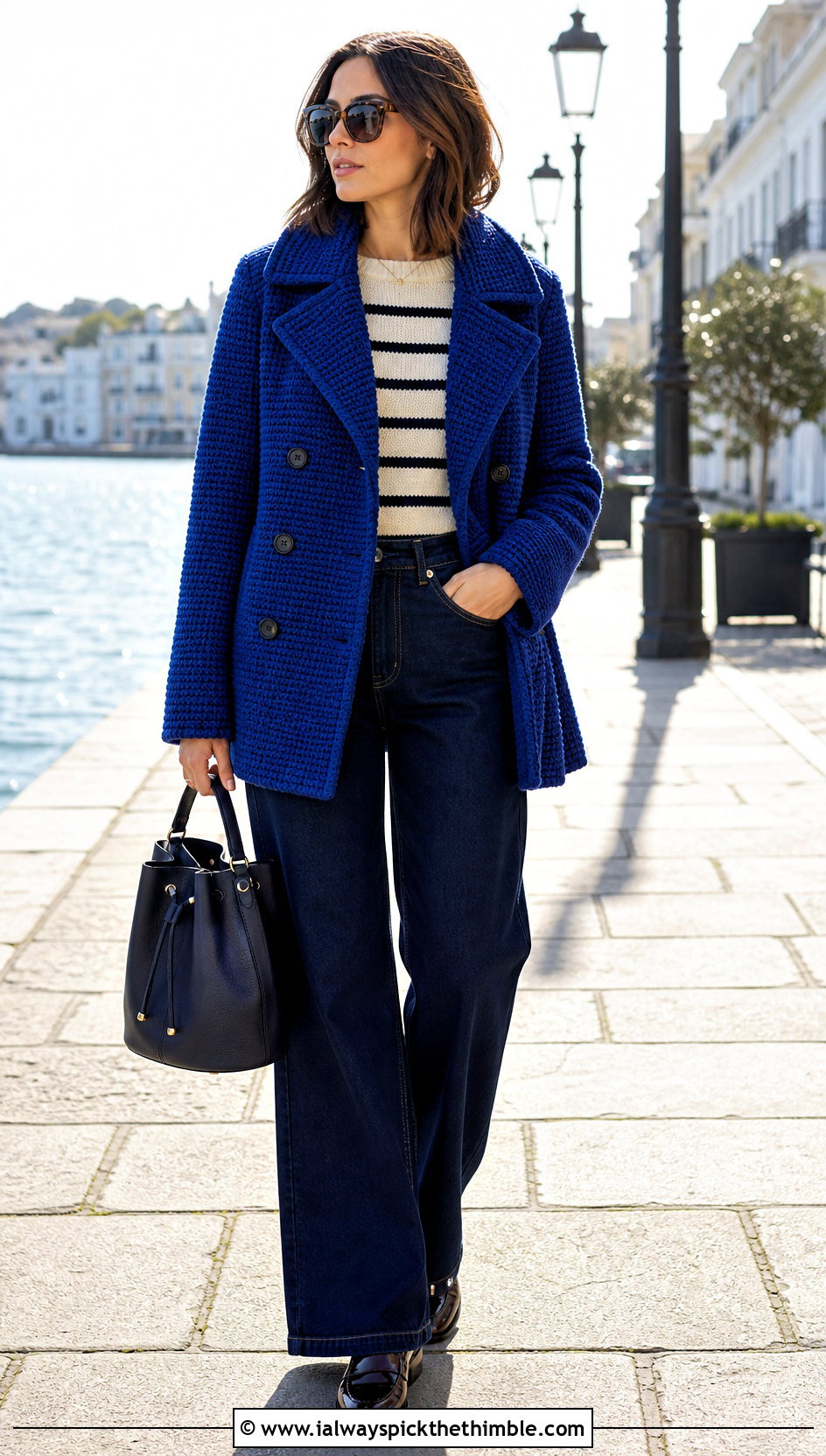 Crochet Peacoat With Wide Leg Jeans - 25 crochet coats outfit ideas