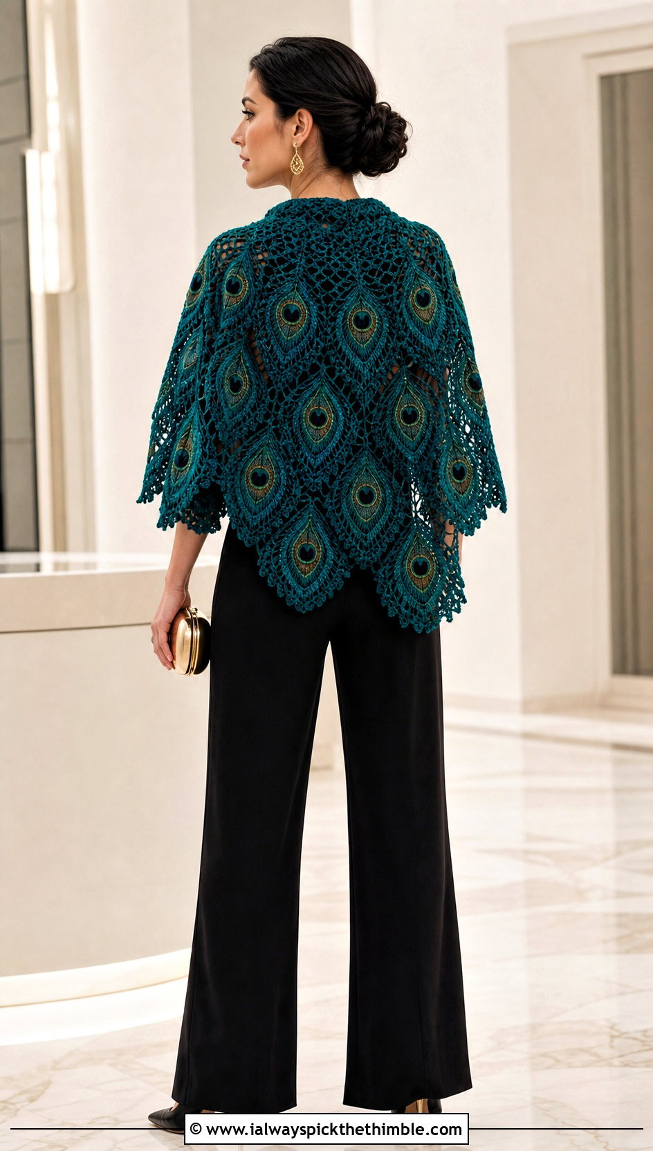 Crochet Peacock Wing Shawl With Black Jumpsuit - 20 Crochet Wing Shawl outfit ideas