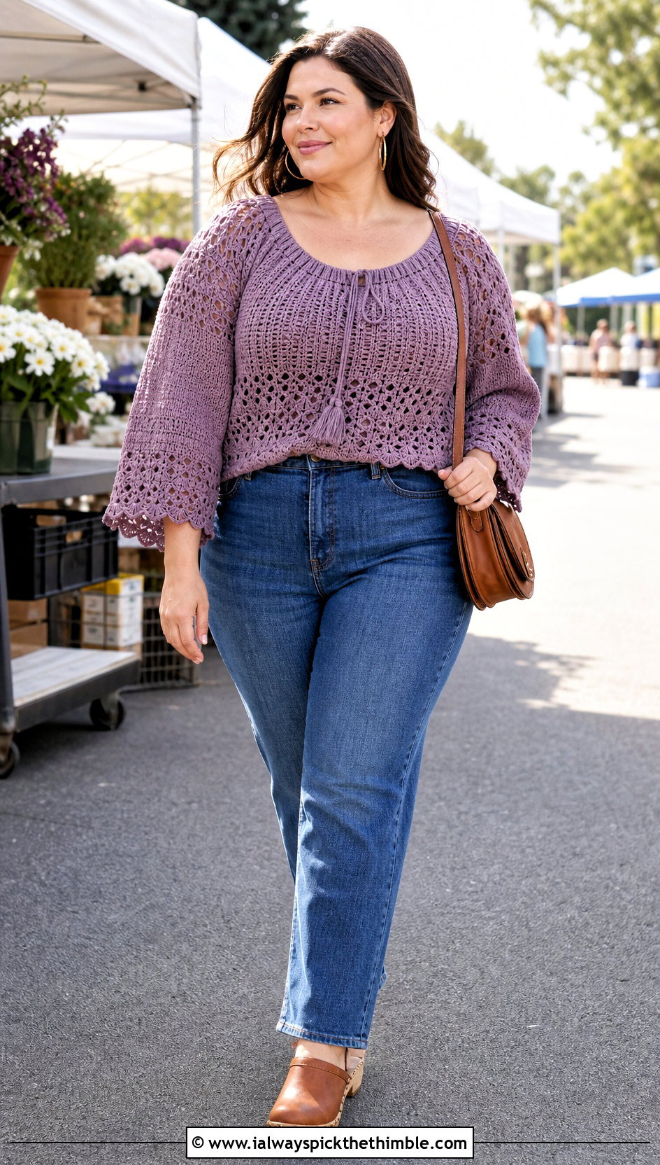 Crochet Peasant Top With Straight Leg Jeans - 20 crochet top for plus size women outfit ideas