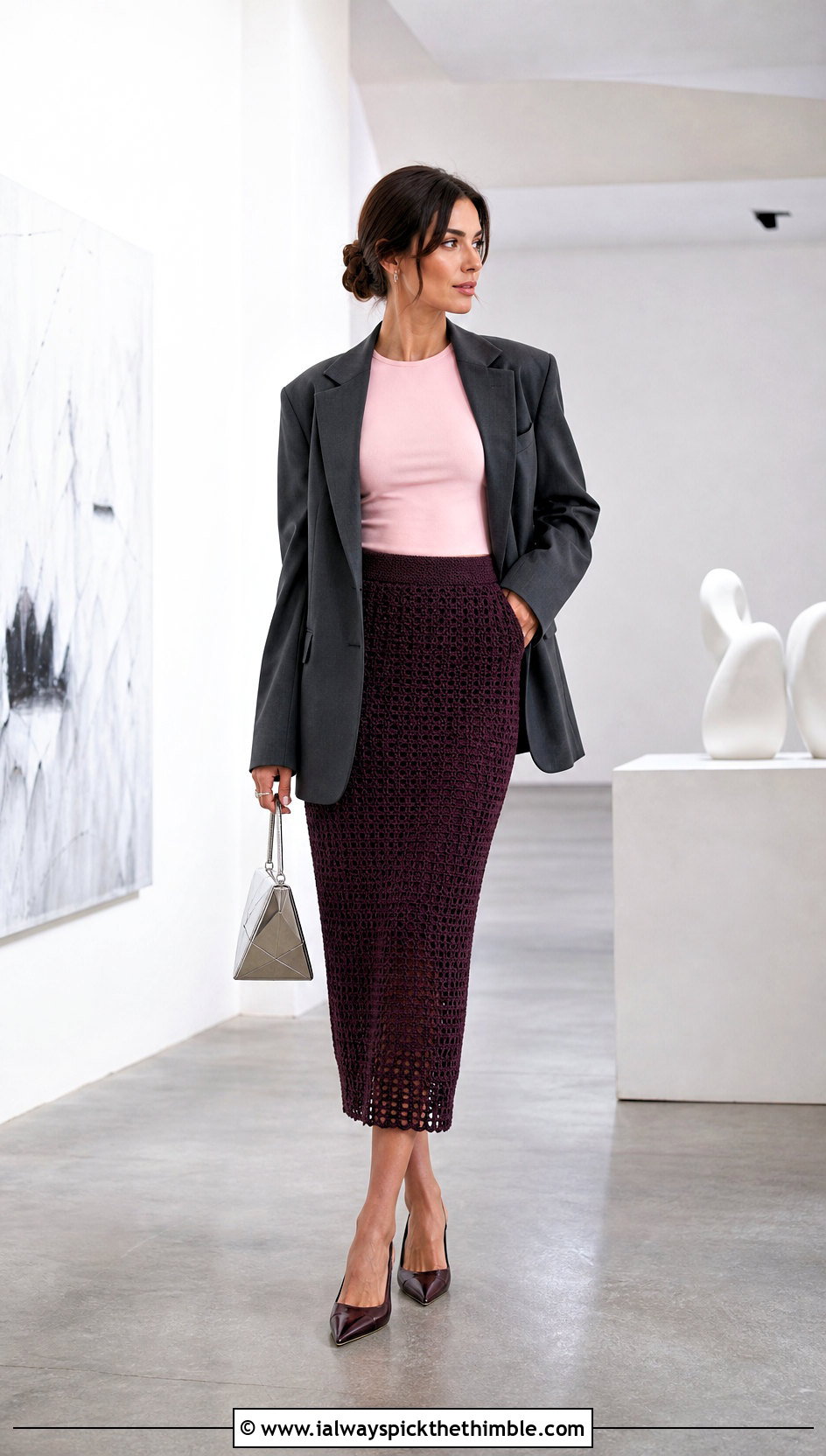 Crochet Pencil Midi Skirt With Blazer And Slingback Heels - 20 Sunday Kalogeras Crochet Skirt outfit ideas