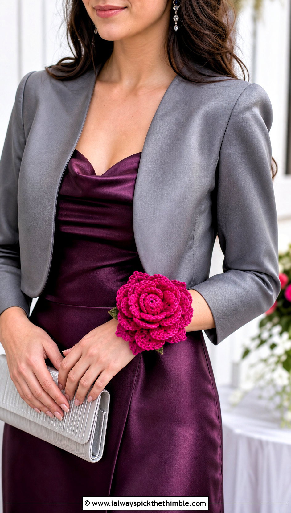 Crochet Peony Wrist Corsage With Slip Dress - 20 Crochet Flower Outfit ideas