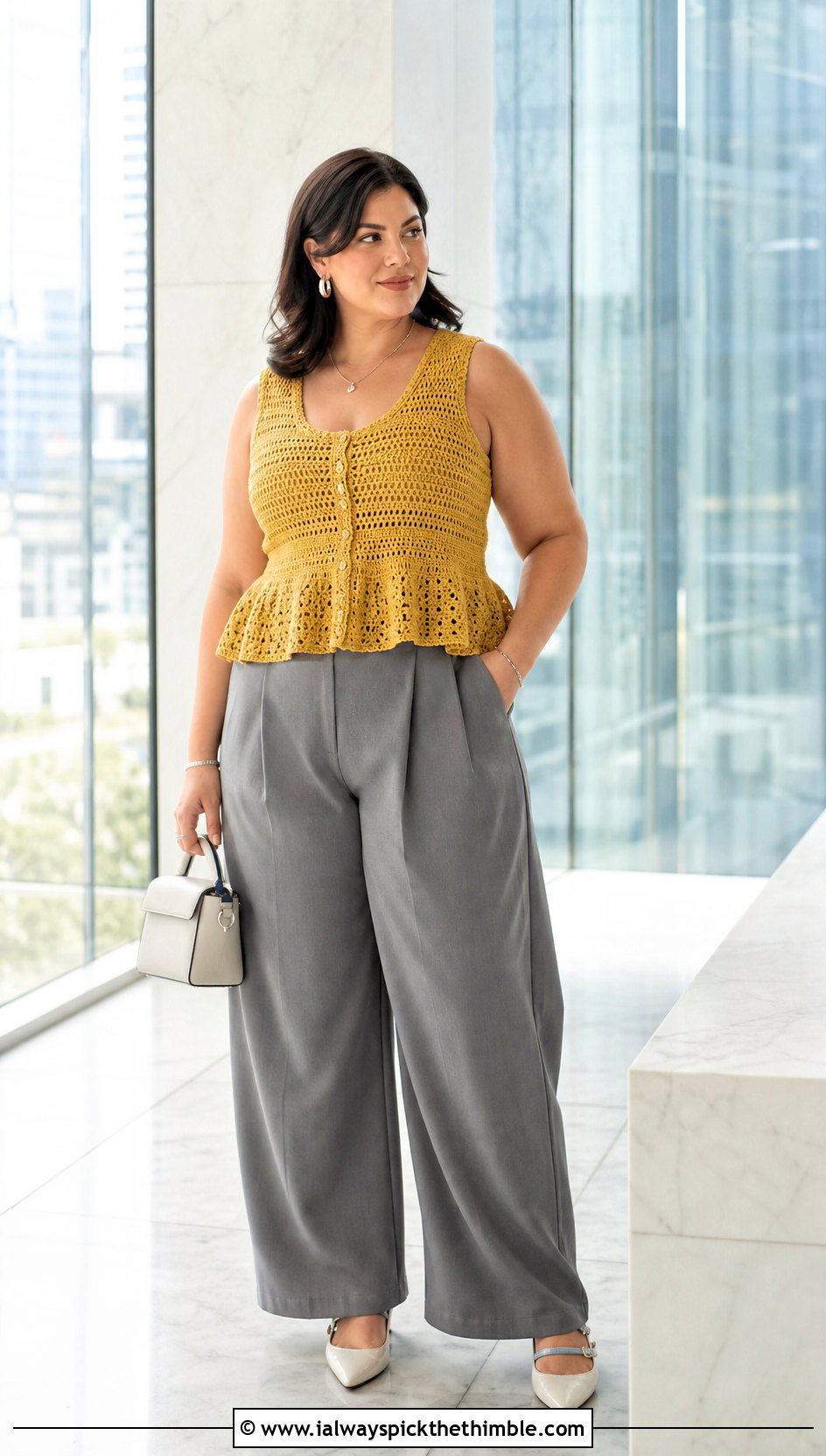Crochet Peplum Tank With Tailored Trousers - 20 crochet top for plus size women outfit ideas
