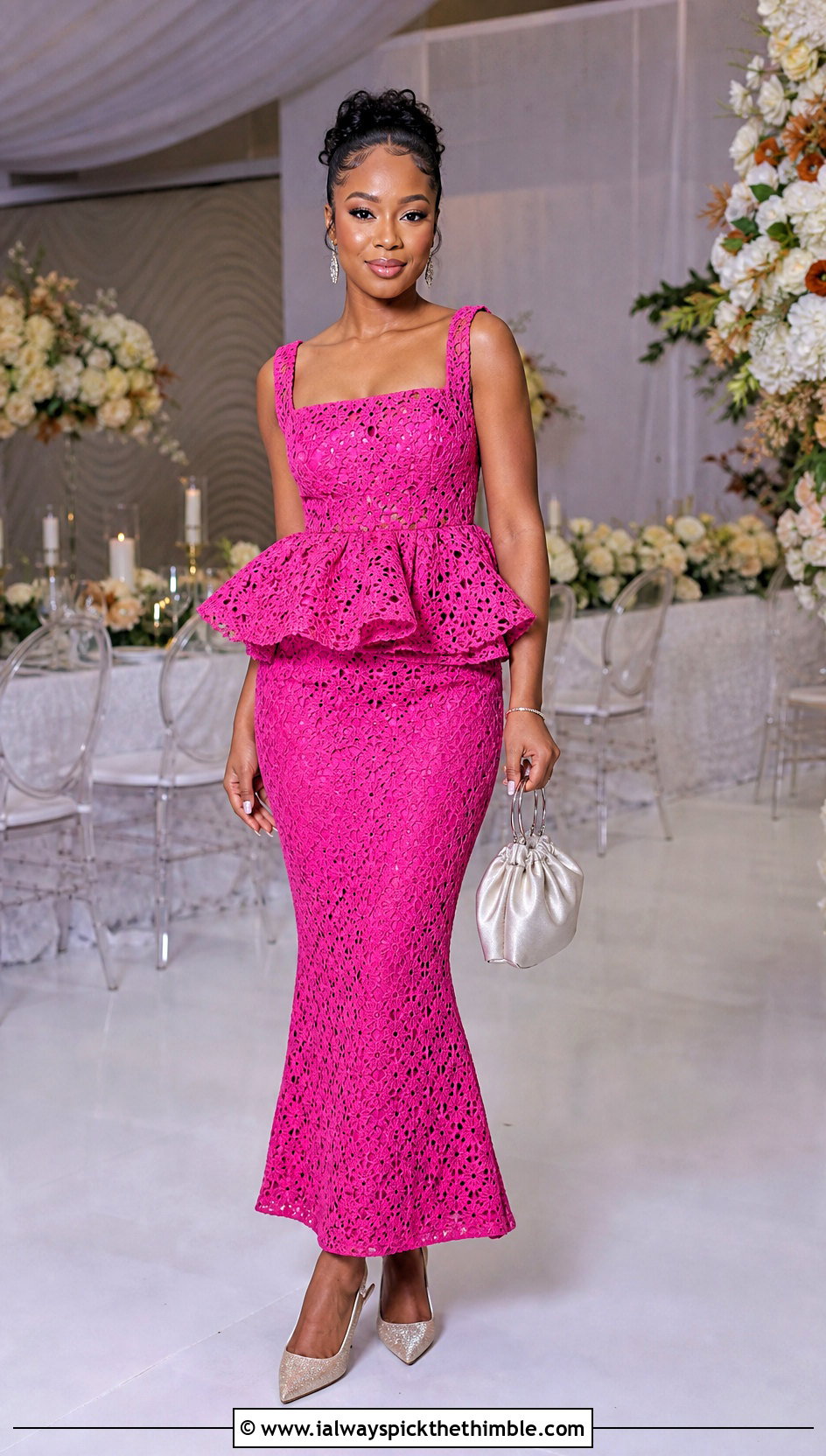 Crochet Peplum Top And Mermaid Skirt Set With Slingback Heels - 20 crochet top skirt set outfit ideas