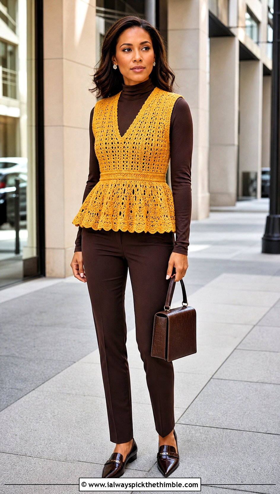 Crochet Peplum Top Over A Fitted Mock Neck Shirt - 20 Crochet Top Layering Outfit ideas