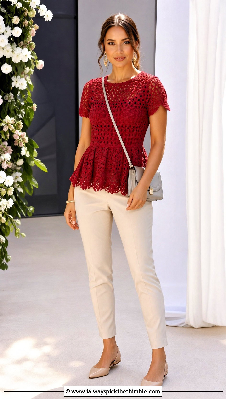 Crochet Peplum Top With Slim Ankle Pants - 25 Fast Crochet Top outfit ideas