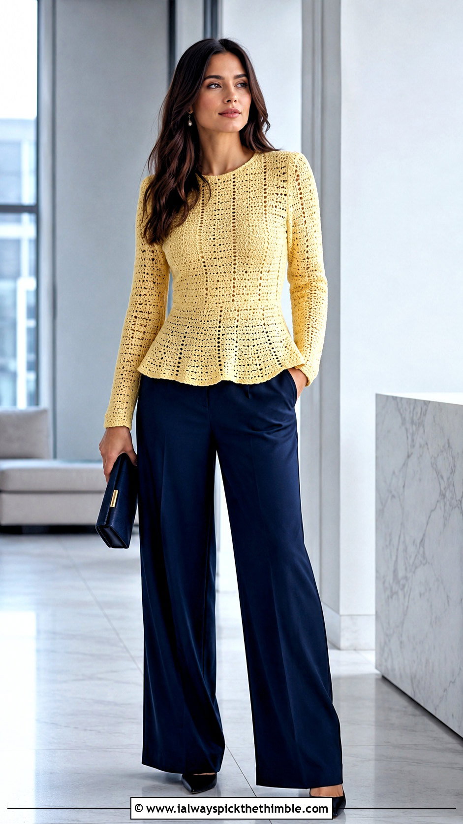 Crochet Peplum Top With Wide Leg Trousers - 25 Crochet Winter Outfits ideas