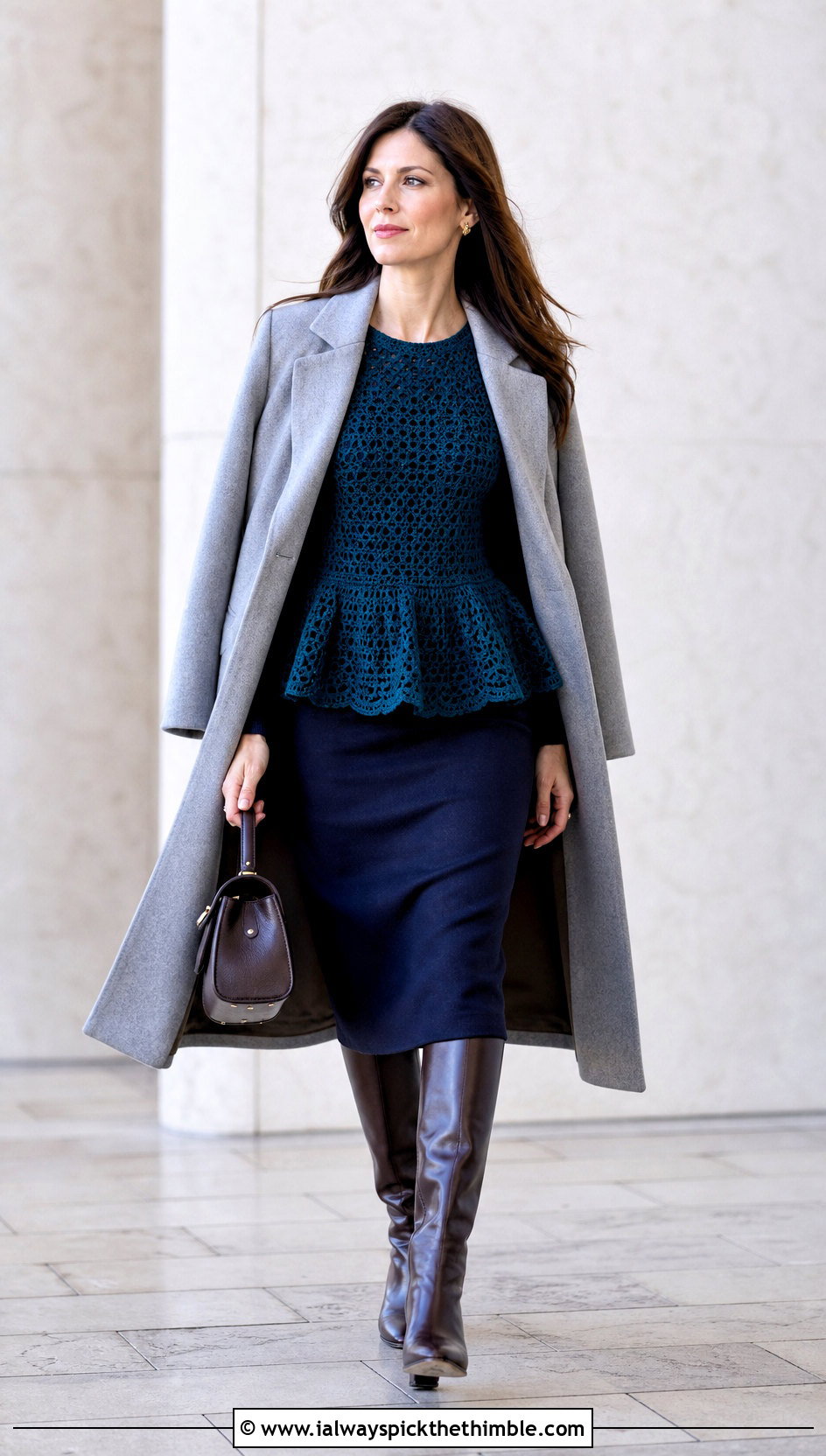 Crochet Peplum Top With Wool Pencil Skirt - 25 winter crochet top outfit ideas