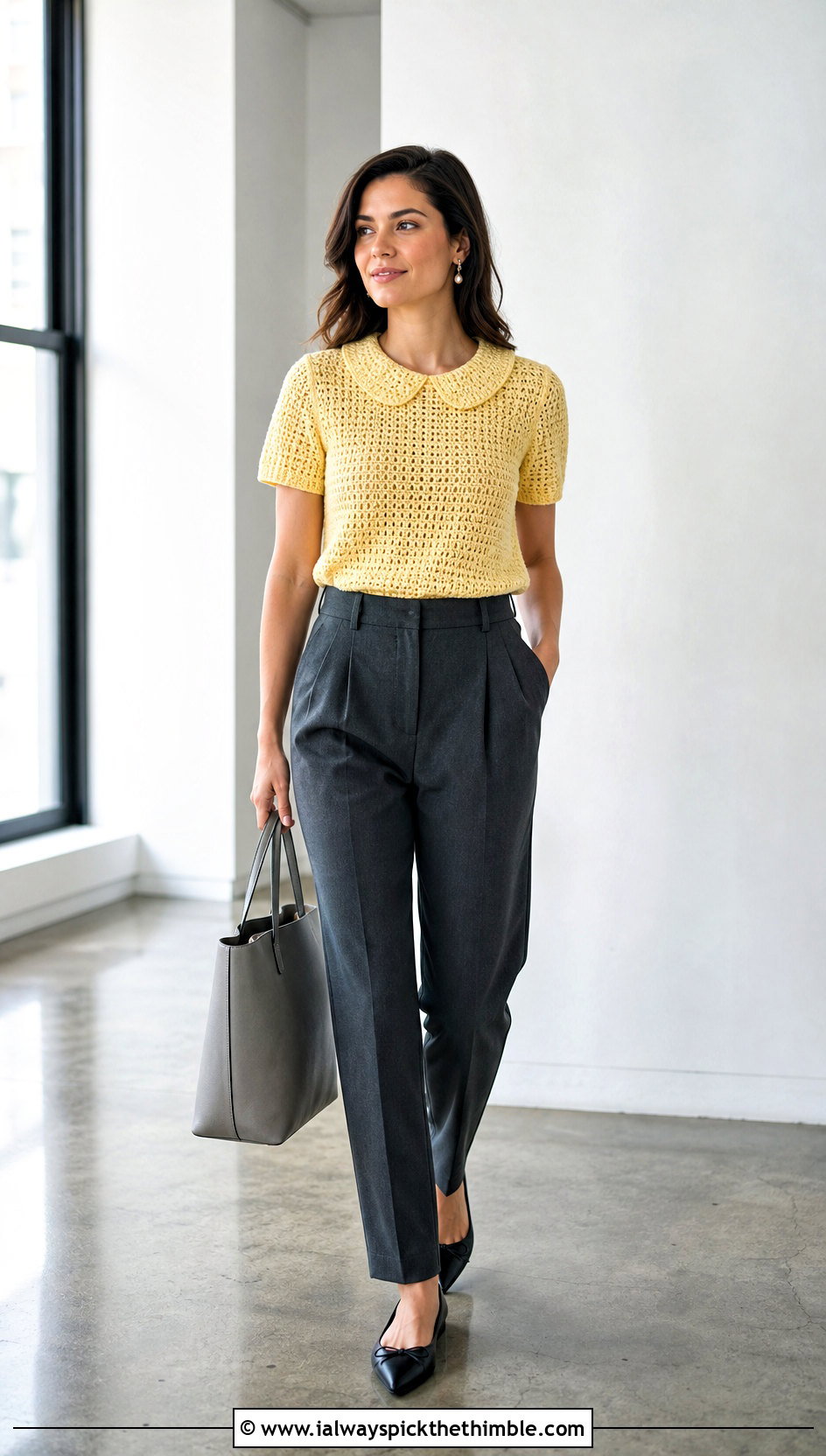 Crochet Peter Pan Collar Top With Tailored Trousers - 20 Crochet Top With Collar outfit ideas