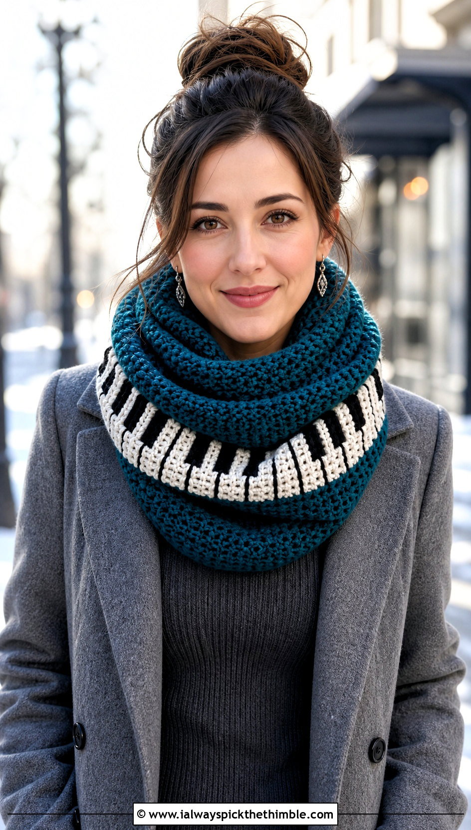 Crochet Piano Infinity Scarf With Sweater Dress - 25 crochet piano scarf outfit ideas