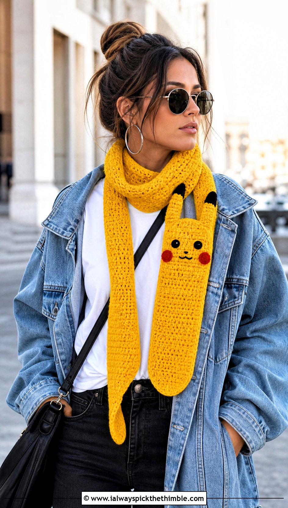 Crochet Pikachu Skinny Scarf With Denim Jacket - 20 Crochet Pokemon Scarf outfit ideas