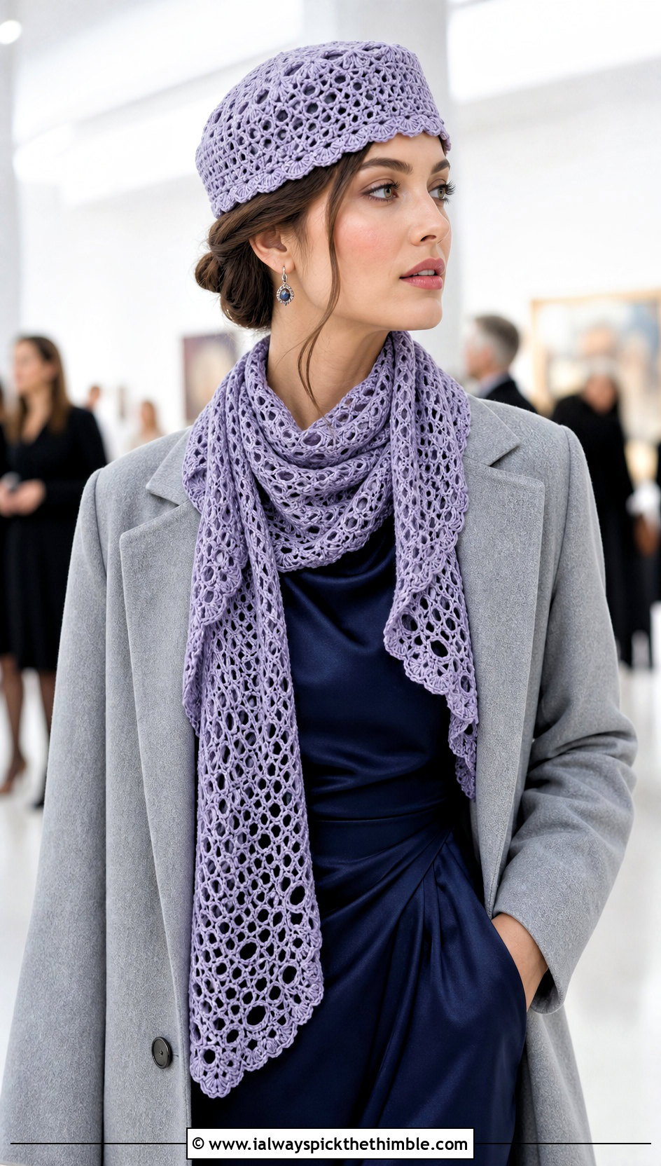 Crochet Pillbox Hat And Lace Mesh Scarf With Satin Dress - 20 crochet scarf hat combo outfit ideas