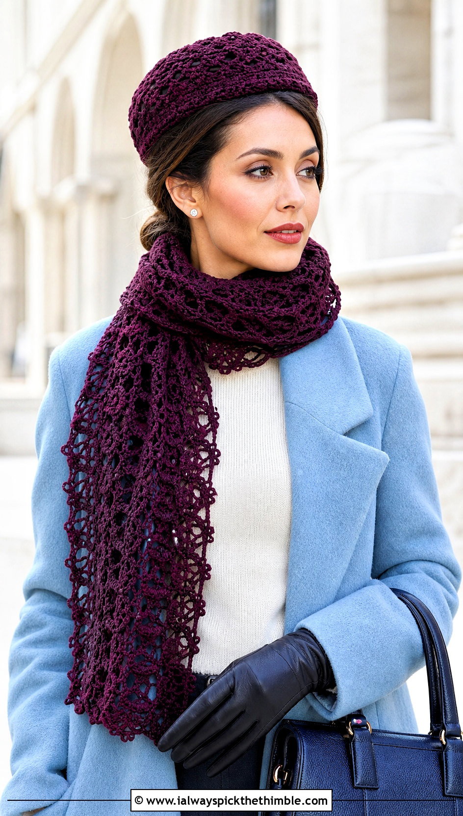 Crochet Pillbox Hat And Lace Mesh Scarf With Wool Coat - 20 crochet hat and scarf outfit ideas