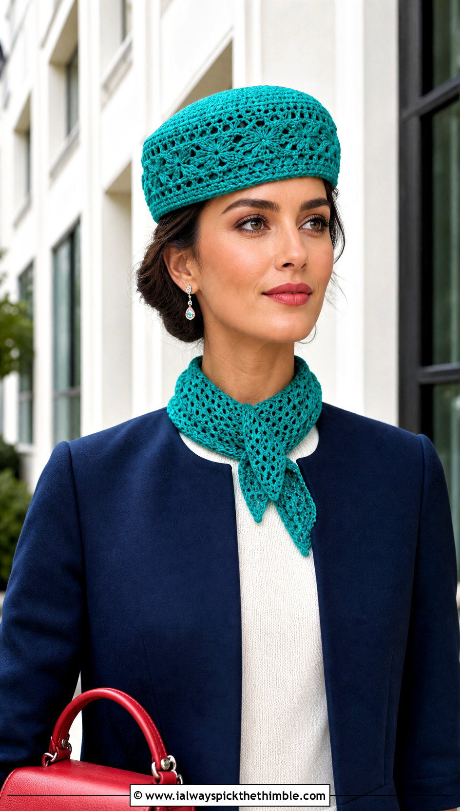 Crochet Pillbox Hat And Neck Scarf With Collarless Coat - 20 Crochet Scarf And Hat Set outfit ideas