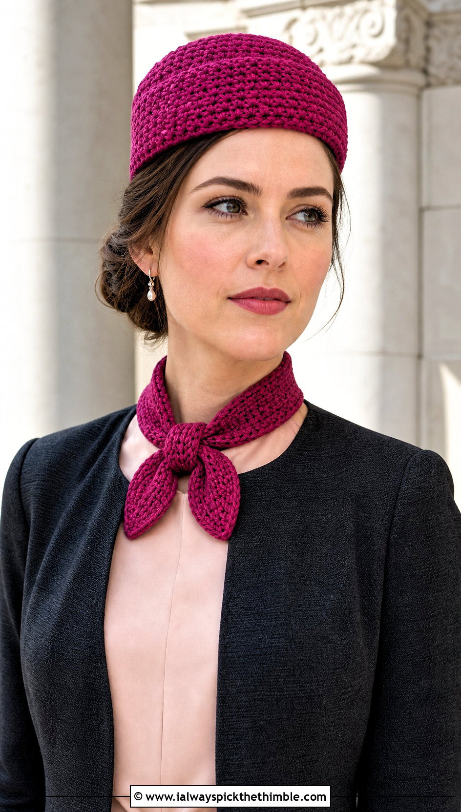Crochet Pillbox Hat And Neck Scarf With Skirt Suit - 20 crochet hat scarf outfit ideas