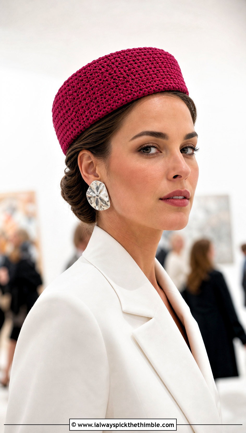 Crochet Pillbox Hat With Blazer Dress And Slingback Heels - 20 Fun Crochet Hat outfit ideas